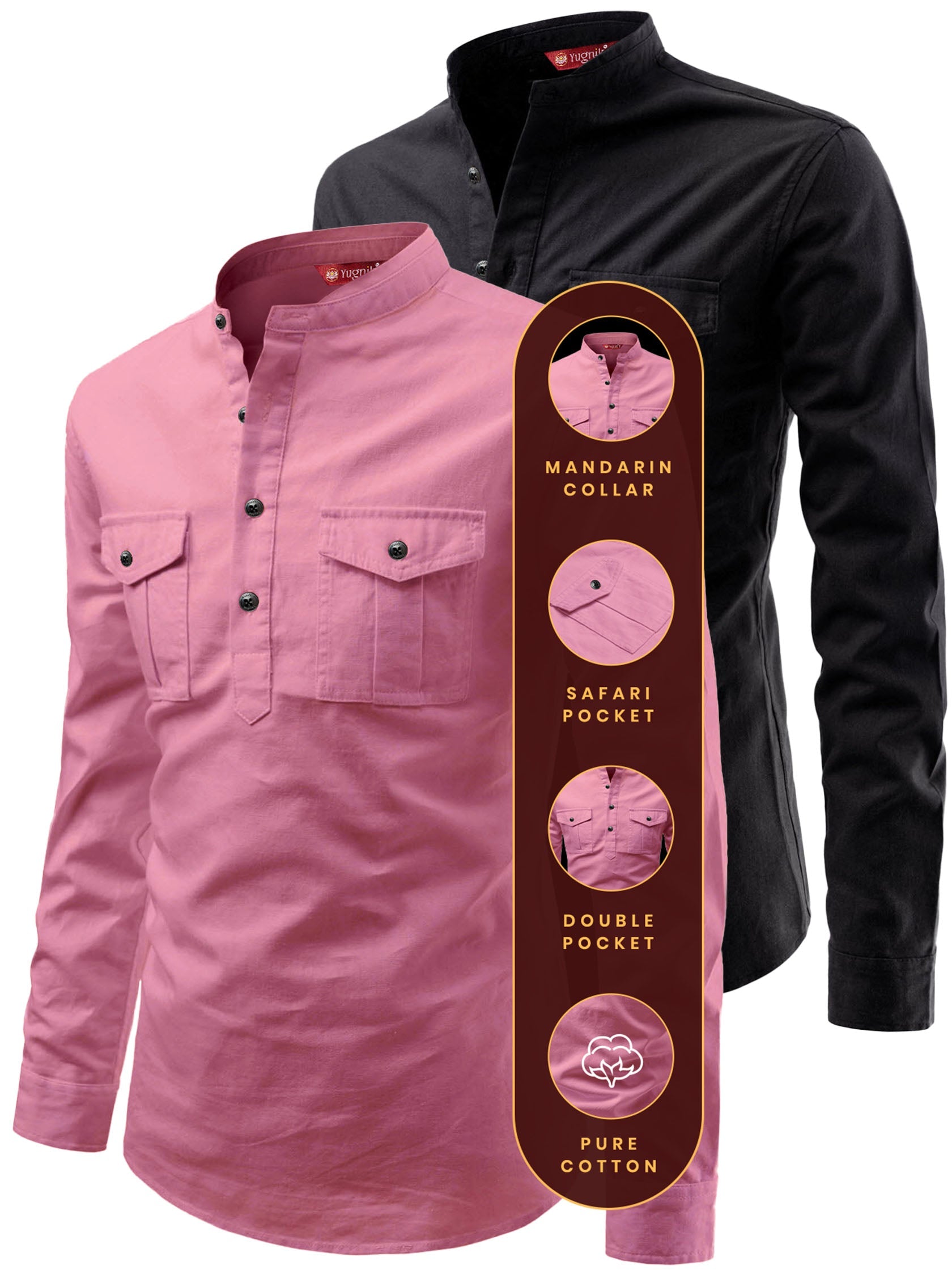 FireFish Men's Slim Fit Double Pocket Beige With Black Cotton Short Kurta Pack 2