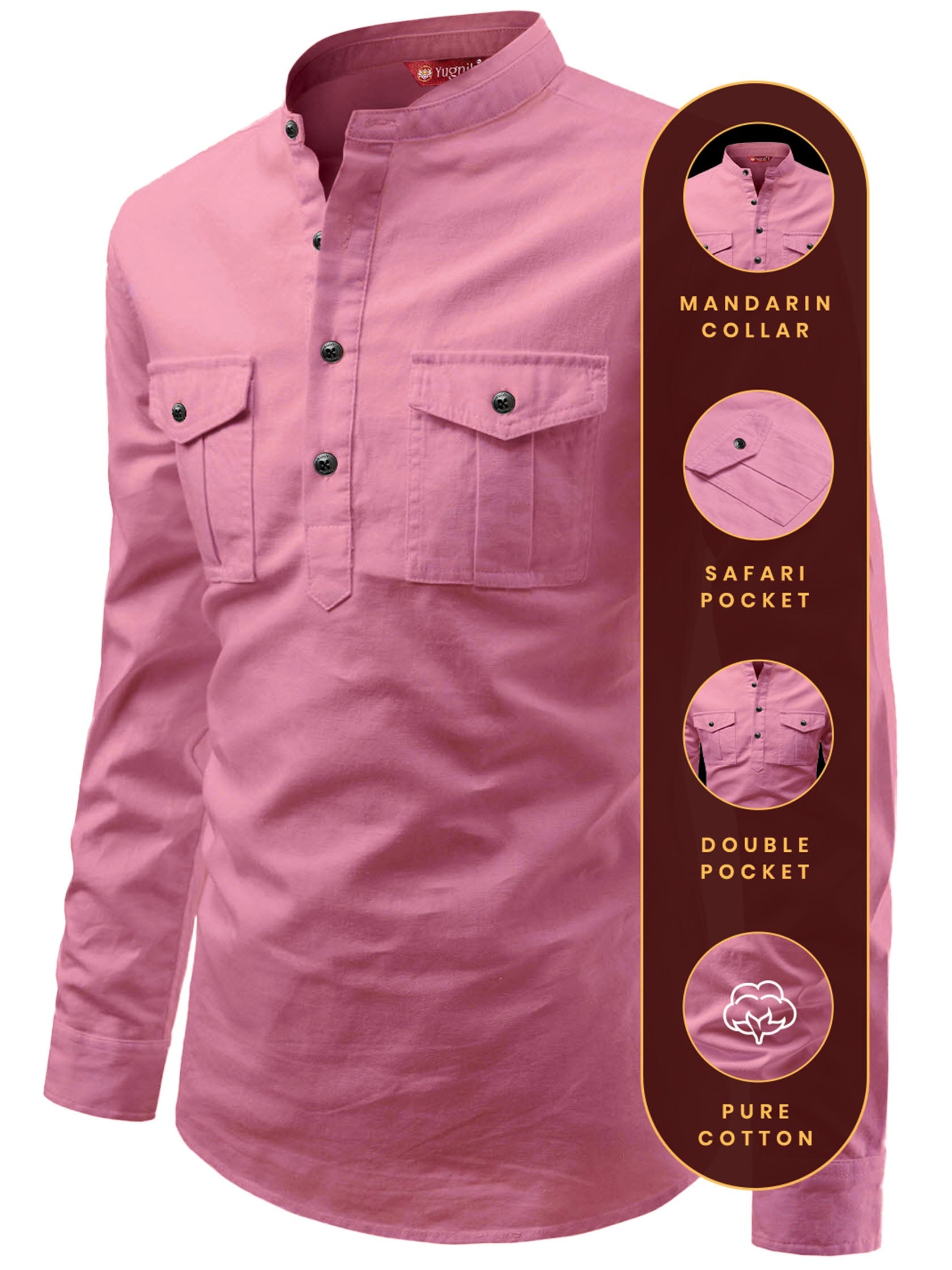 FireFish Men's Slim Fit Double Pocket Beige Color Pure Cotton Short Kurta