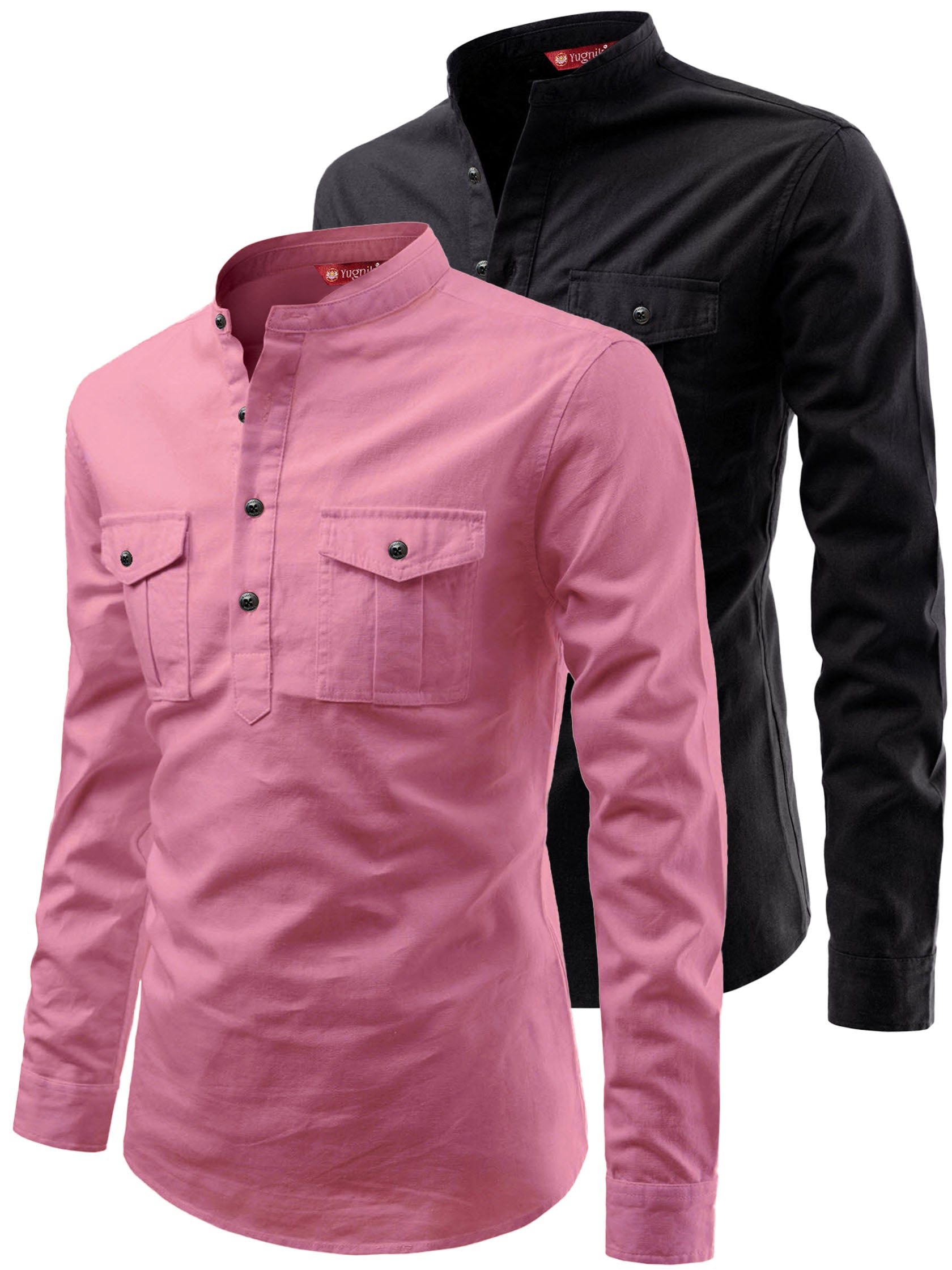 FireFish Men's Slim Fit Double Pocket Beige With Black Cotton Short Kurta Pack 2