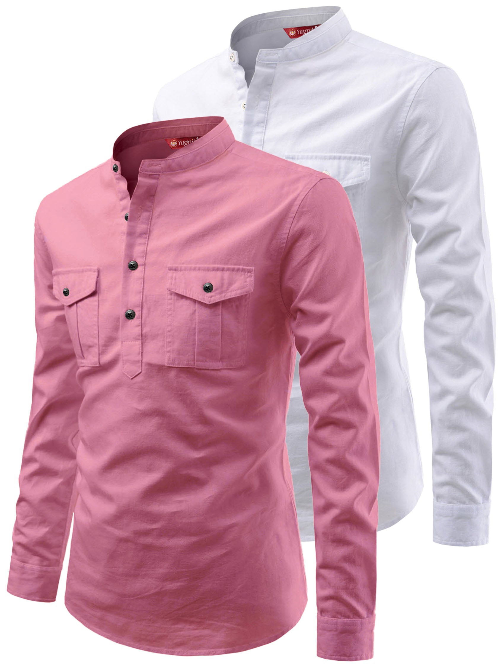 FireFish Men's Slim Fit Double Pocket Beige With White Cotton Short Kurta Pack 2