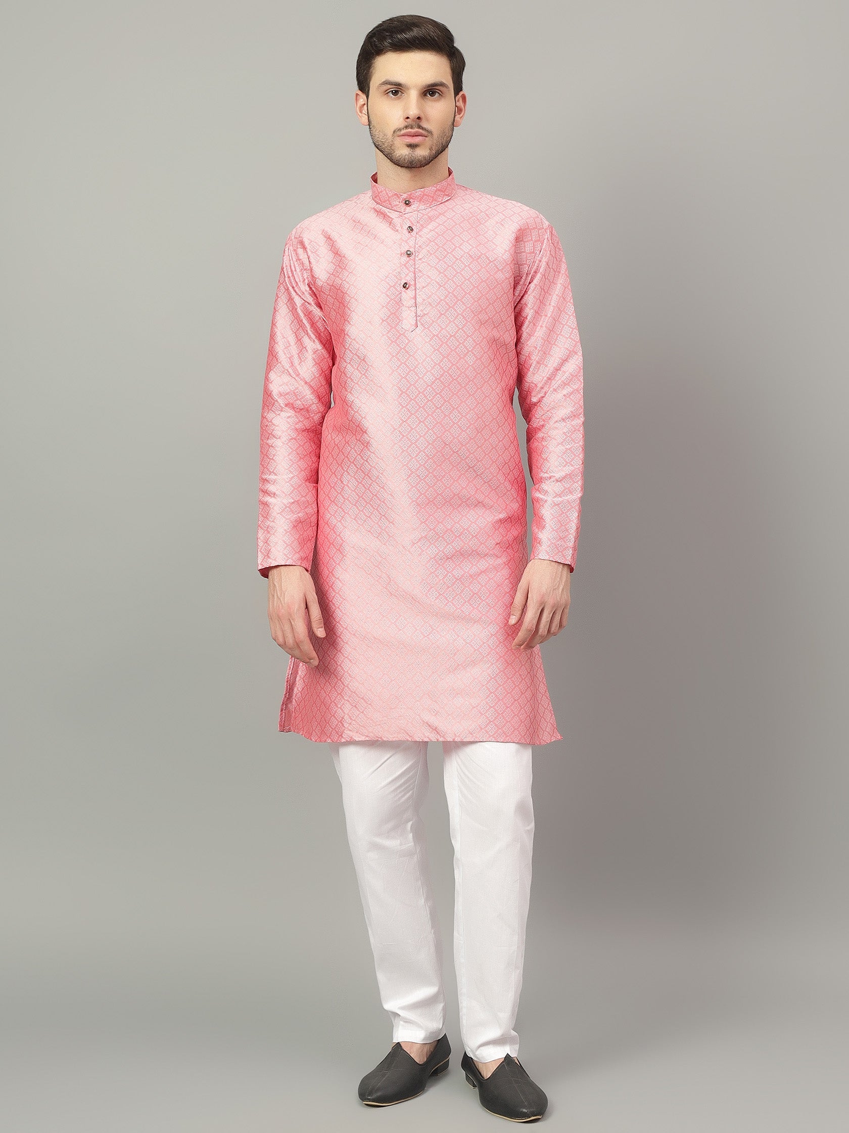 FireFish Brown Geometric Woven Design Straight Jacquard Kurta with Pyjamas Set