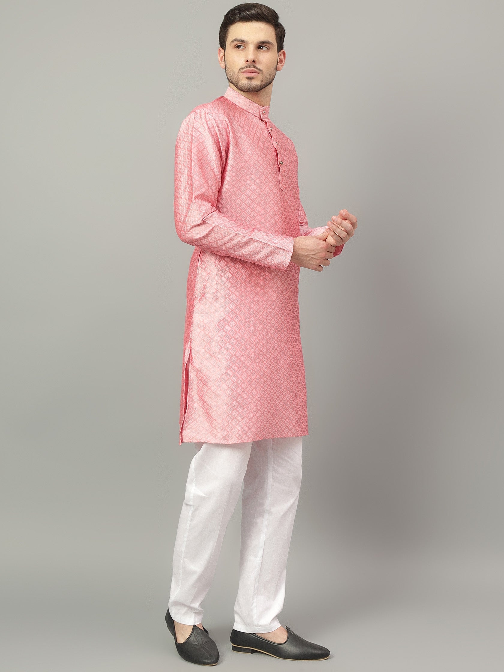 FireFish Brown Geometric Woven Design Straight Jacquard Kurta with Pyjamas Set