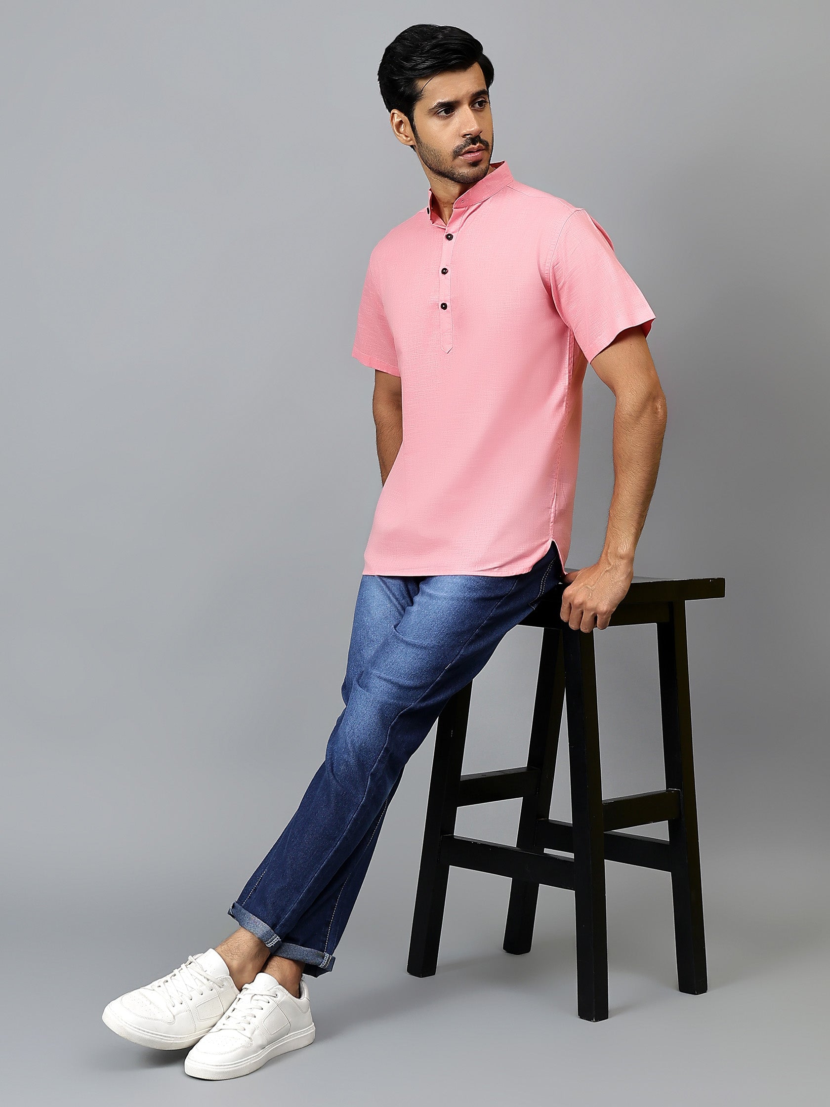 FireFish Men's Slim Fit Half Sleeve Beige Color Pure Cotton Short Kurta