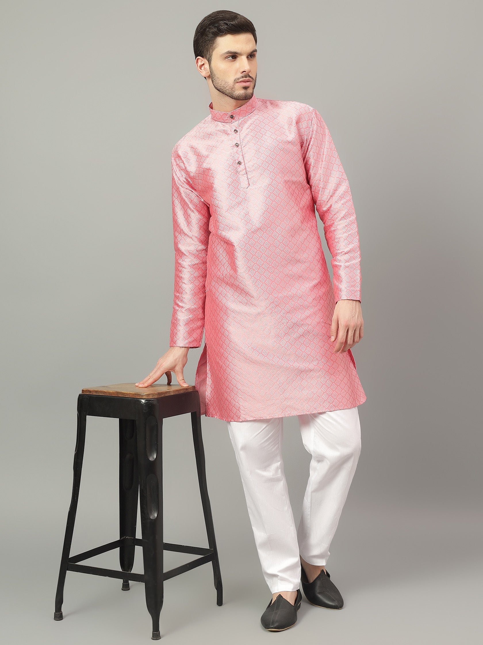 FireFish Brown Geometric Woven Design Straight Jacquard Kurta with Pyjamas Set
