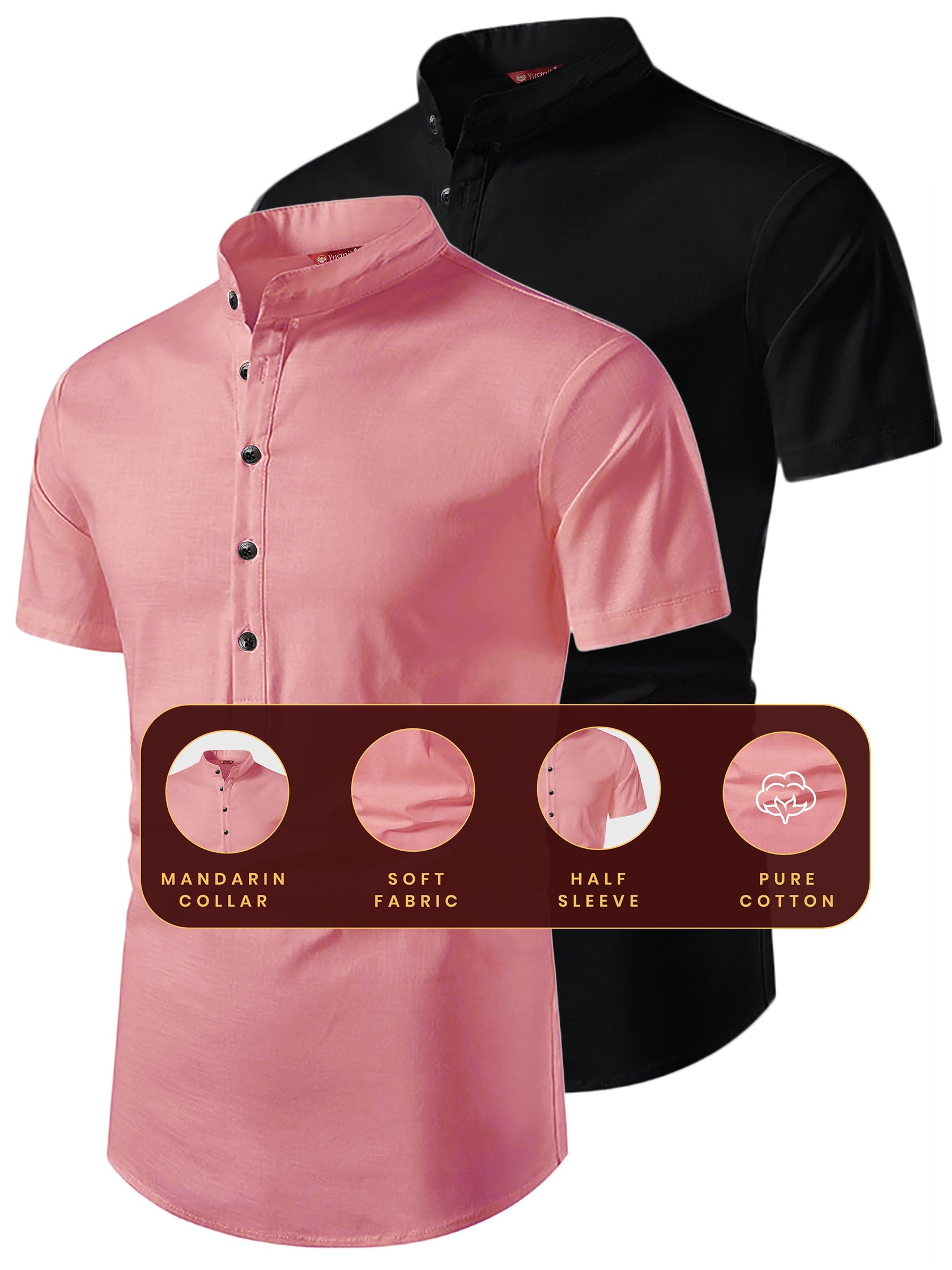 FireFish Men's Slim Fit Beige with Black Color Pure Cotton Half Sleeve Short Kurta Pack 2