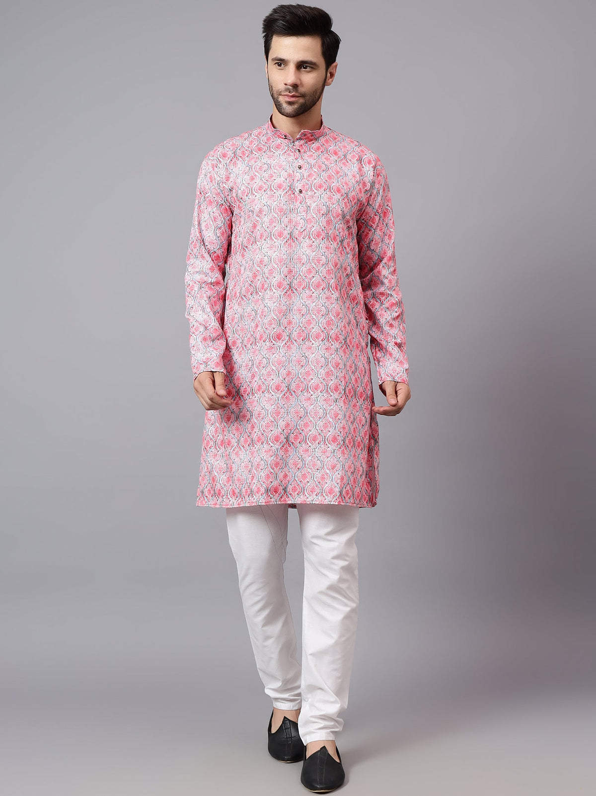 FireFish Men's Peach Self Printed Curve Line Crochet Fabric Long Kurta Set