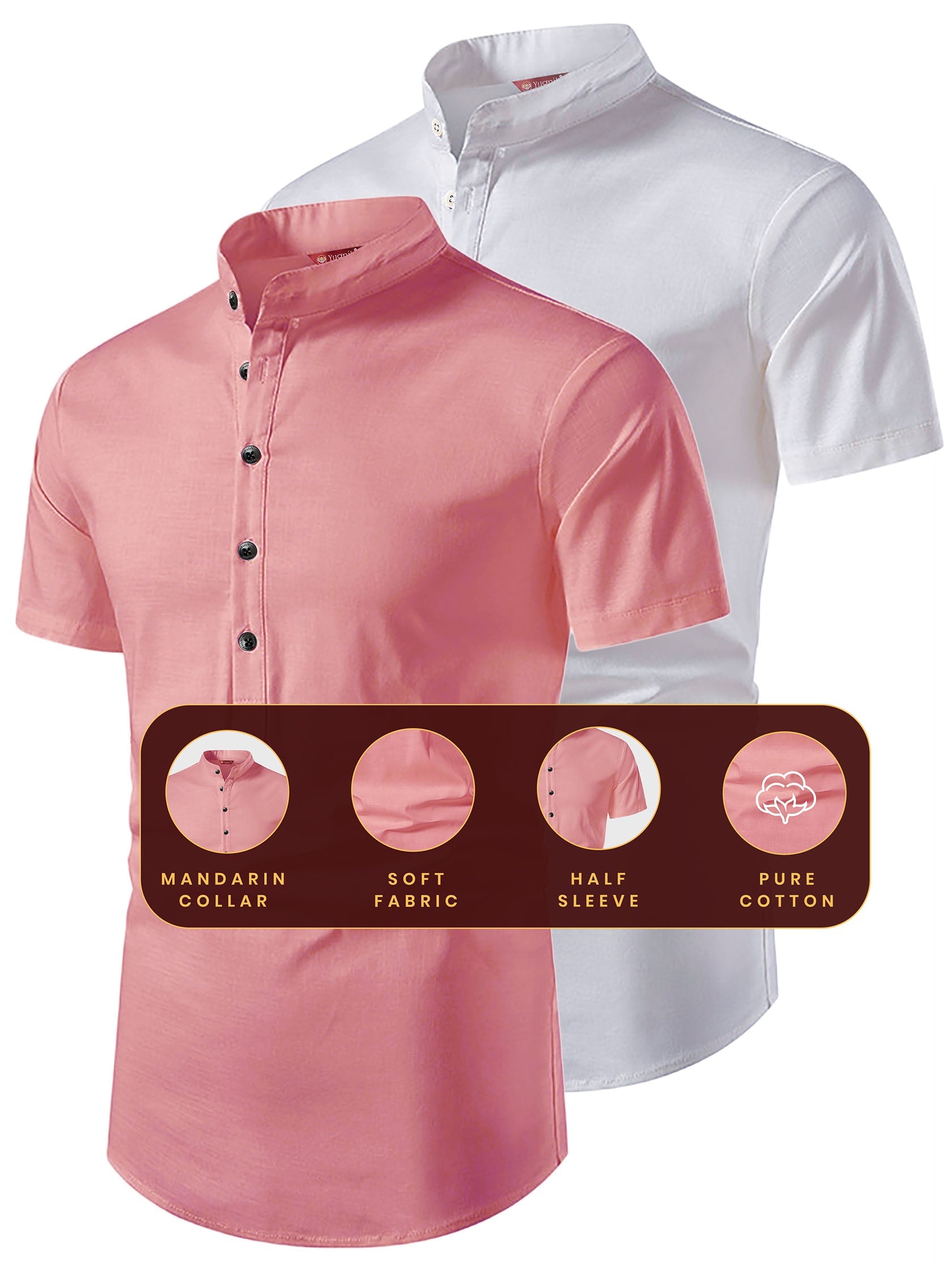 FireFish Men's Slim Fit Beige with White Color Pure Cotton Half Sleeve Short Kurta Pack 2