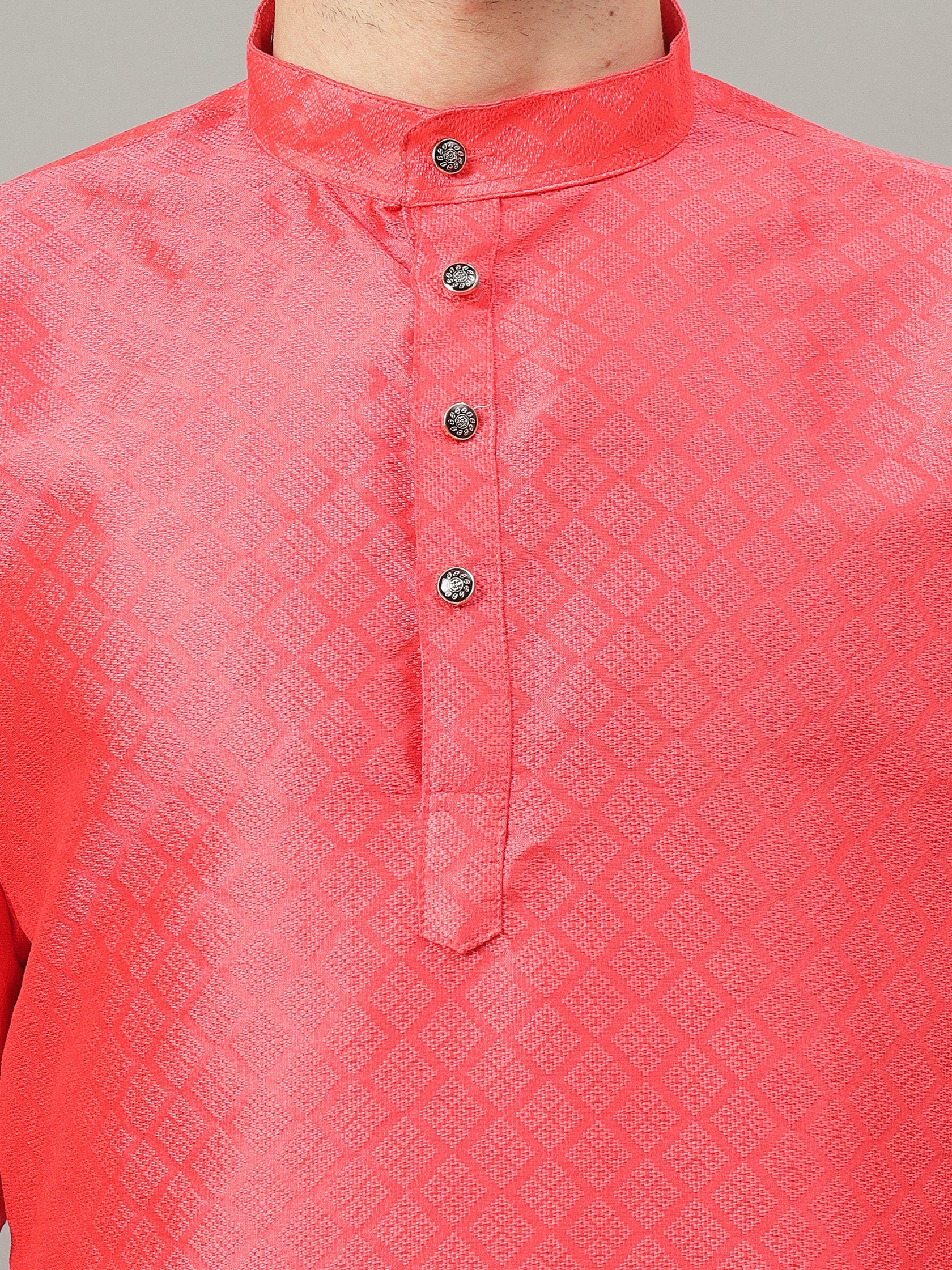 FireFish Brown Geometric Woven Design Straight Jacquard Kurta with Pyjamas Set