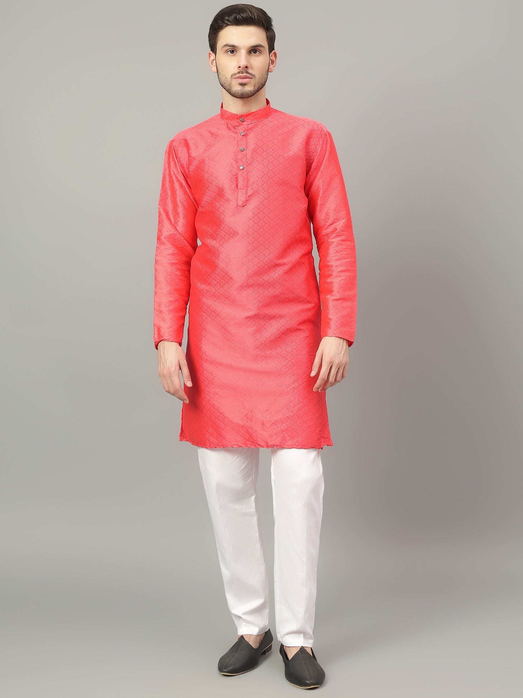 FireFish Brown Geometric Woven Design Straight Jacquard Kurta with Pyjamas Set