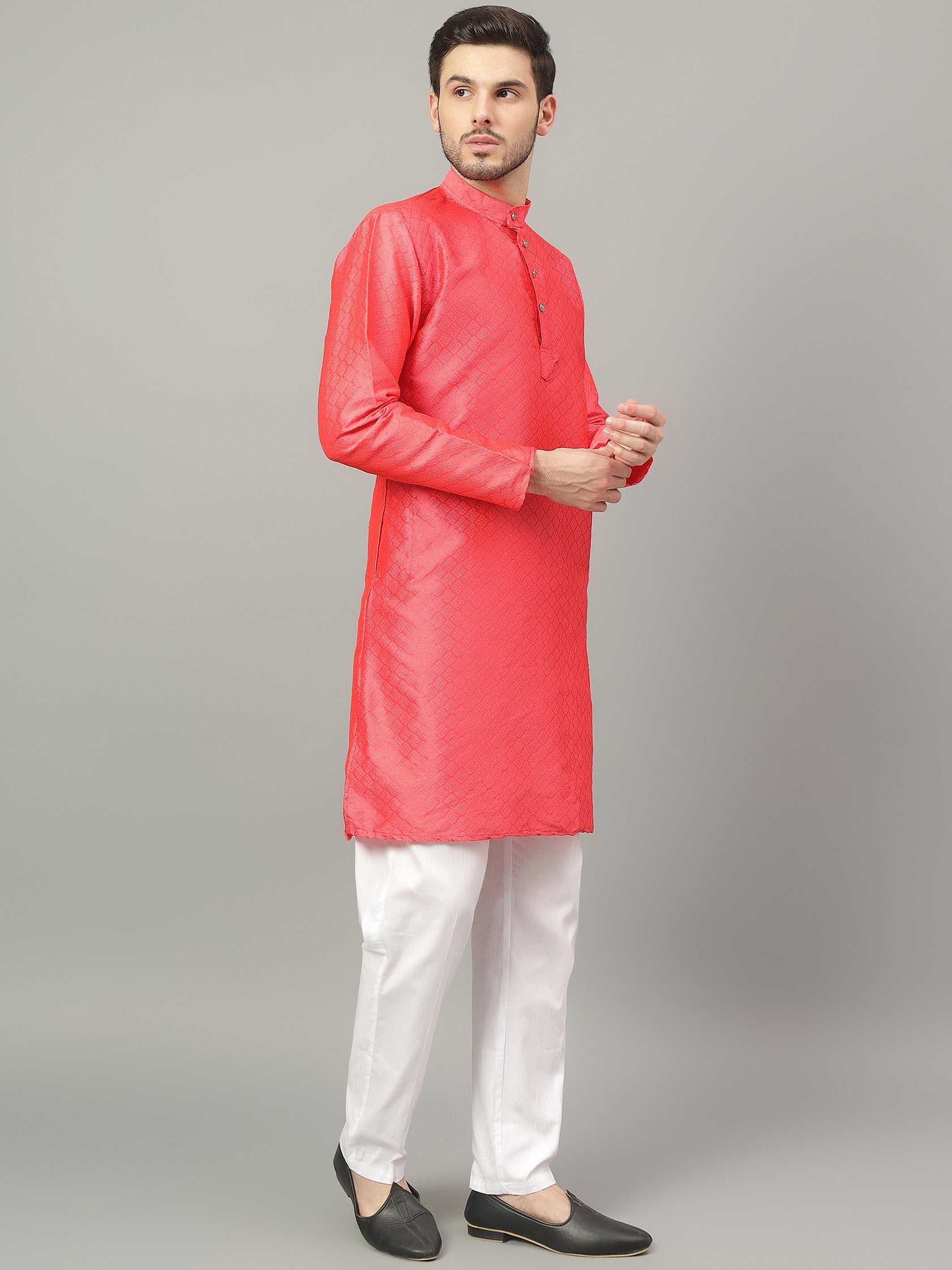 FireFish Brown Geometric Woven Design Straight Jacquard Kurta with Pyjamas Set