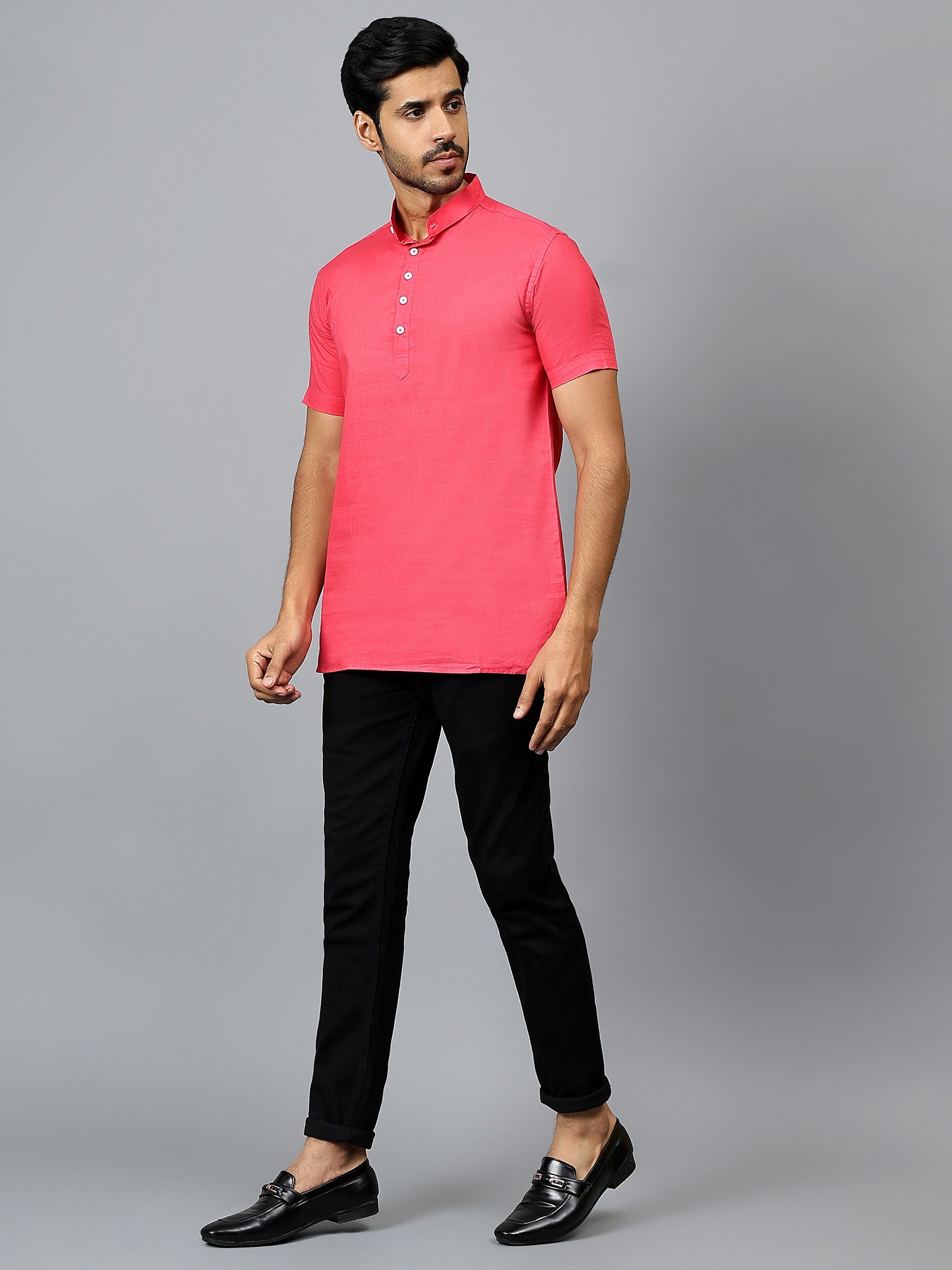 FireFish Men's Slim Fit Beige with White Color Pure Cotton Half Sleeve Short Kurta Pack 2