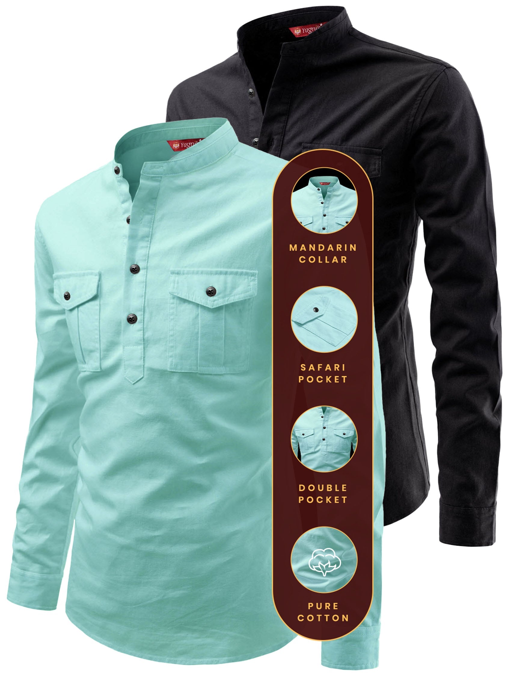 FireFish Men's Slim Fit Double Pocket Beige With Black Cotton Short Kurta Pack 2
