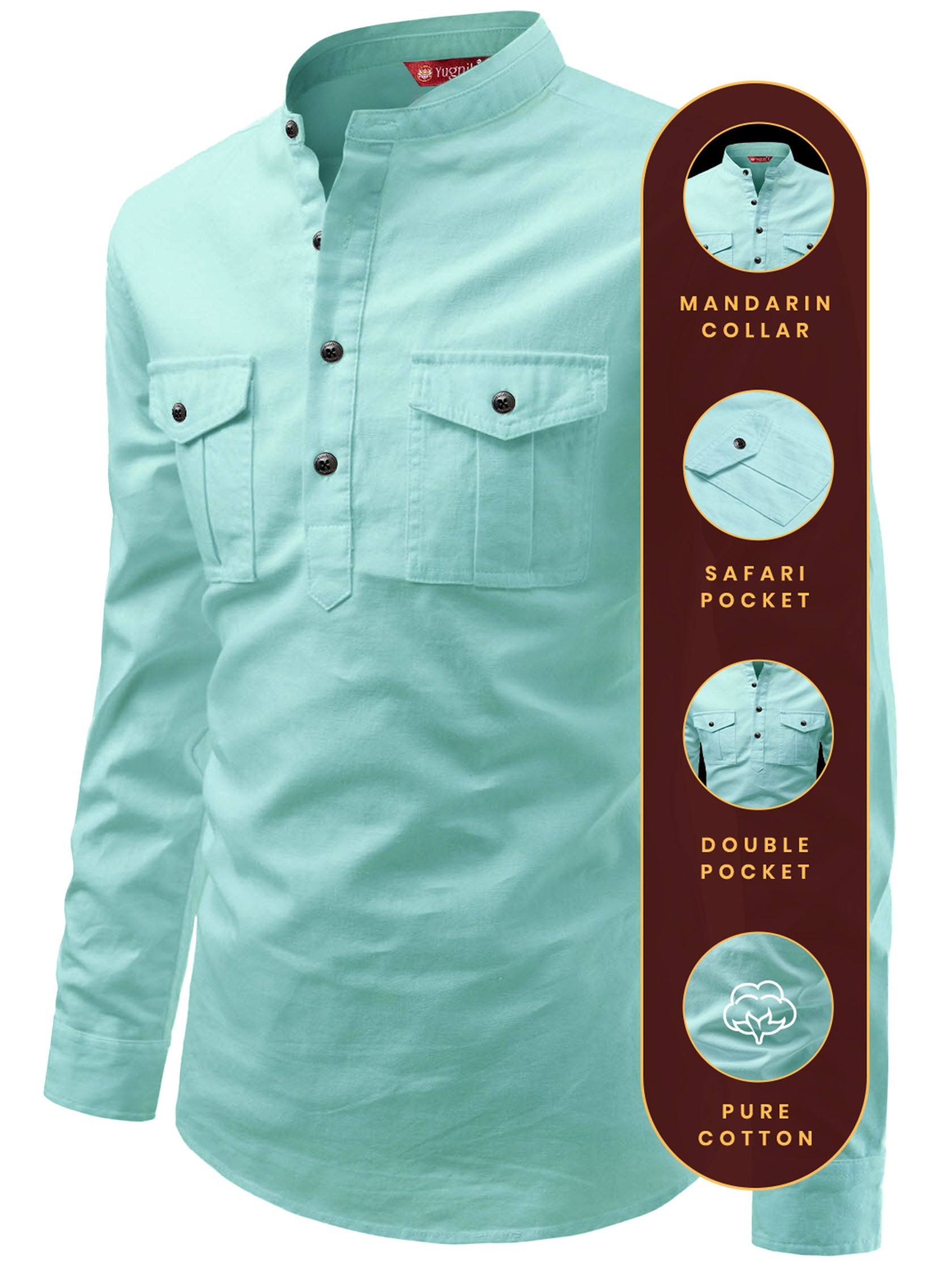 FireFish Men's Slim Fit Double Pocket Beige Color Pure Cotton Short Kurta