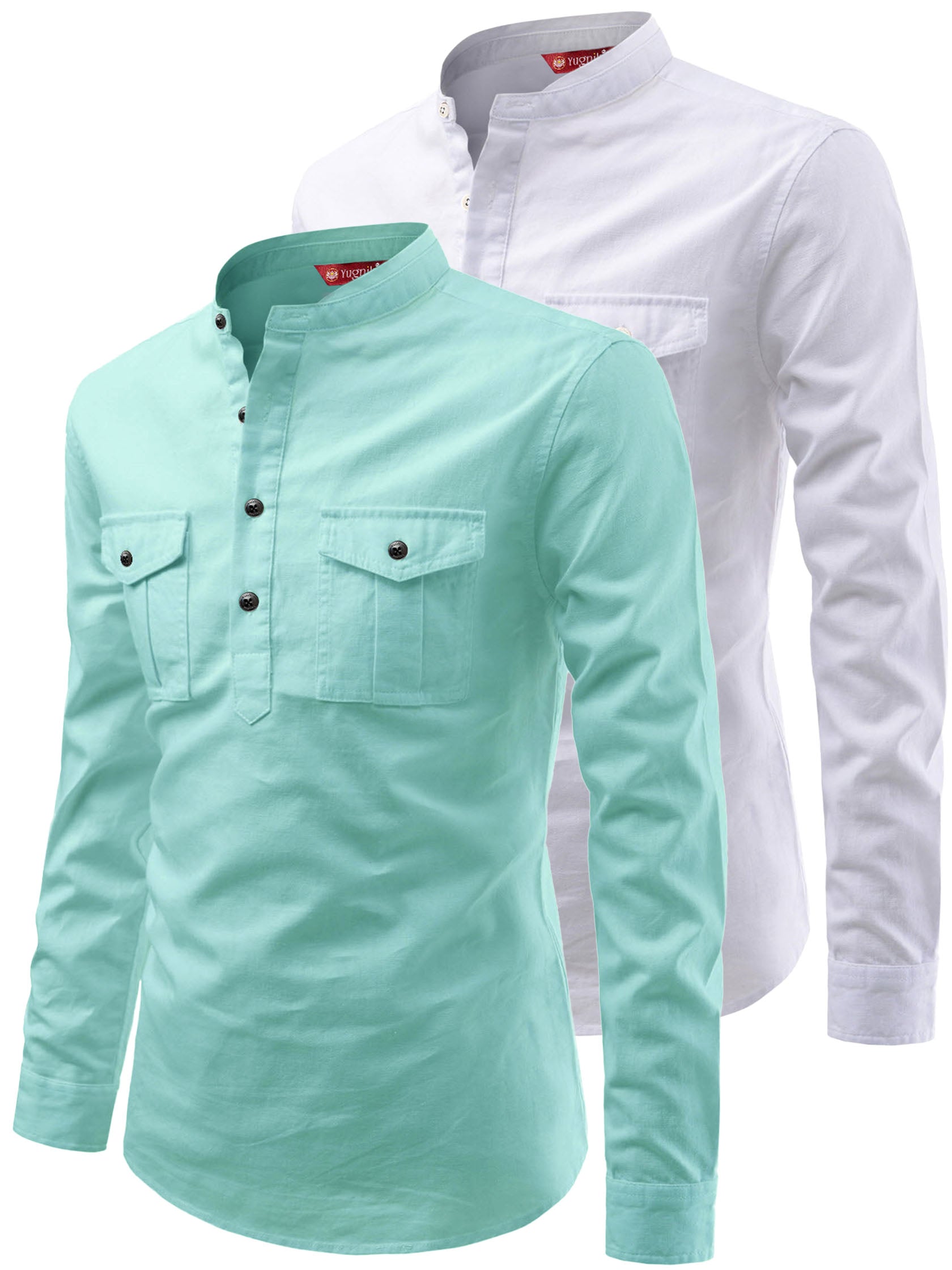 FireFish Men's Slim Fit Double Pocket Beige With White Cotton Short Kurta Pack 2