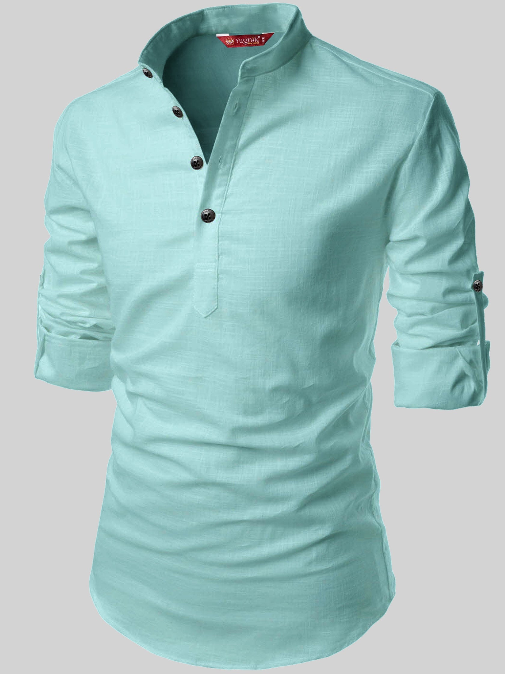 FireFish Men's Slim Fit Full Sleeve Yellow Cotton Short Kurta