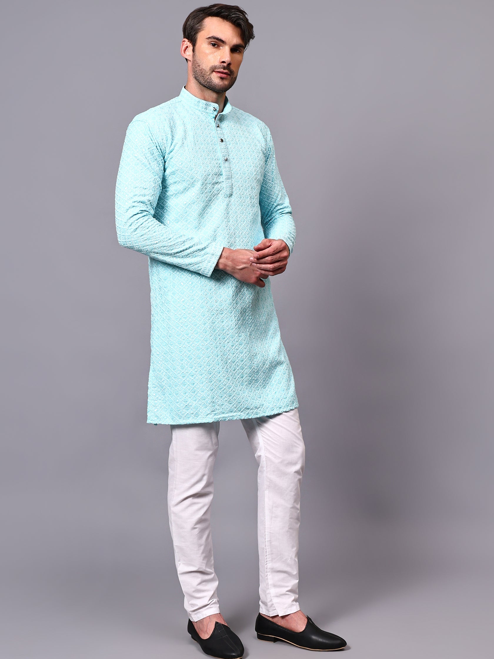 FireFish Men's Pista Chikankari Florist Sequined Long Kurta Set