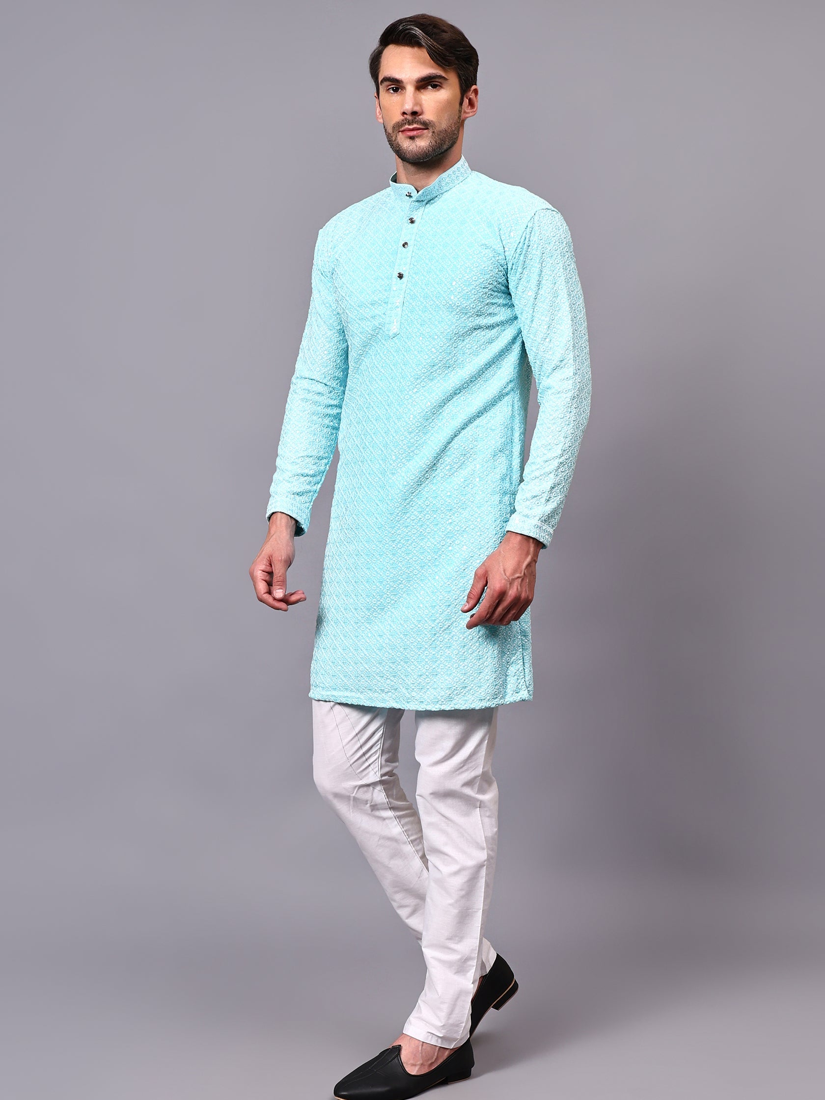 FireFish Men's Pista Chikankari Florist Sequined Long Kurta Set