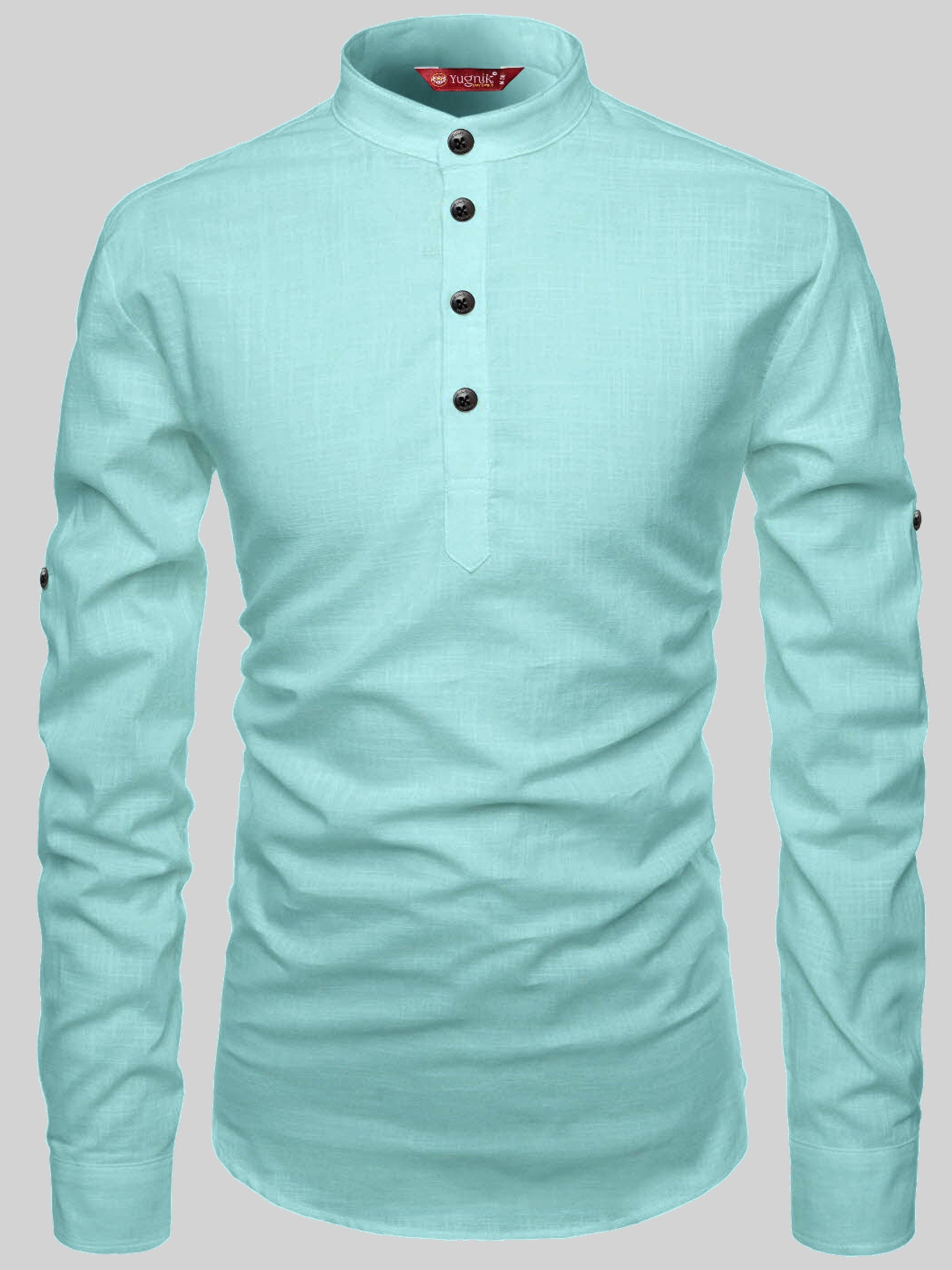 FireFish Men's Slim Fit Full Sleeve Yellow Cotton Short Kurta