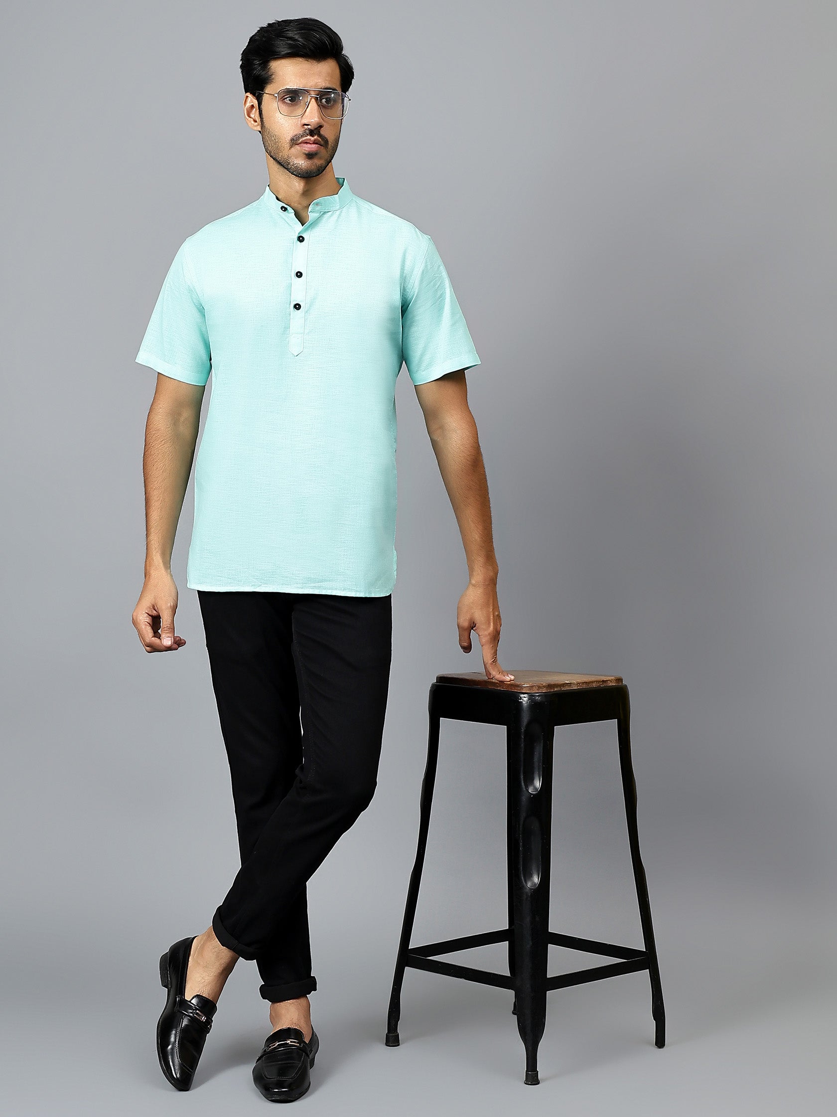 FireFish Men's Slim Fit Beige with White Color Pure Cotton Half Sleeve Short Kurta Pack 2