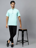 FireFish Men's Slim Fit Beige with White Color Pure Cotton Half Sleeve Short Kurta Pack 2