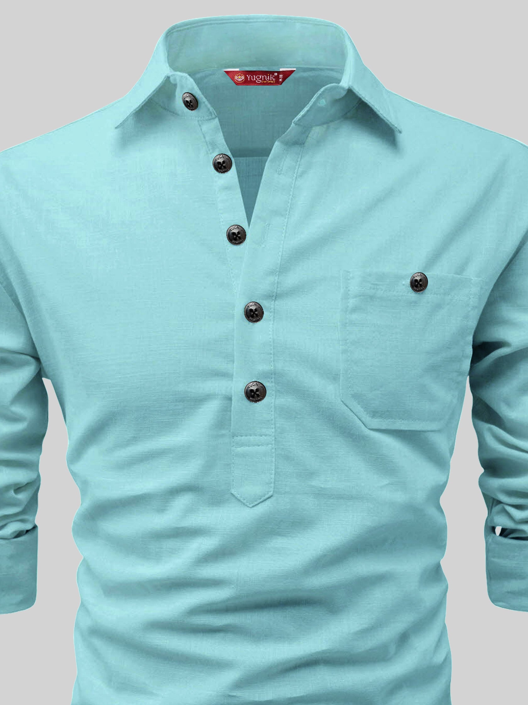 FireFish Men's Slim Fit Dark Teal With White Cotton Short Kurta Pack 2