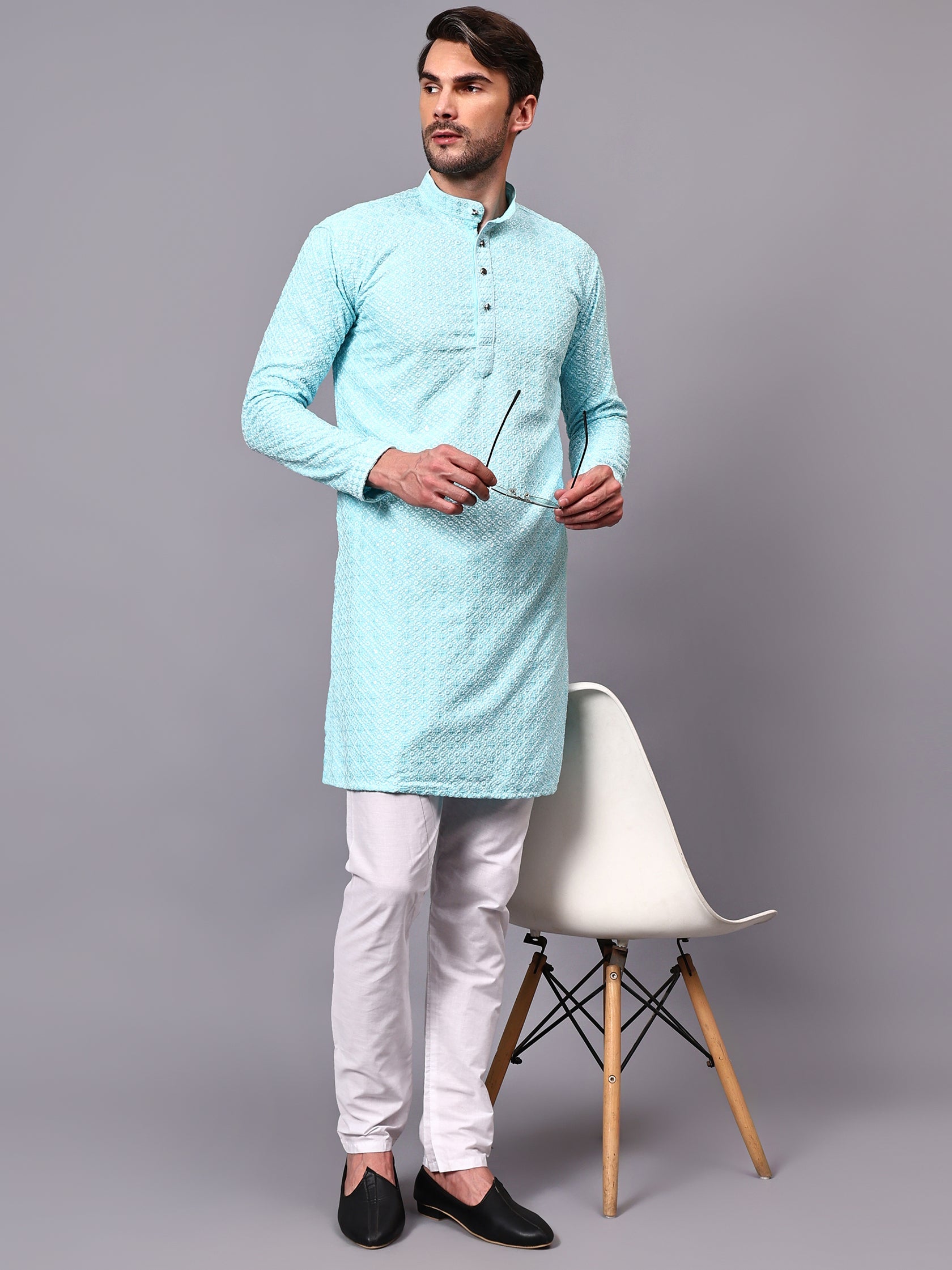 FireFish Men's Pista Chikankari Florist Sequined Long Kurta Set