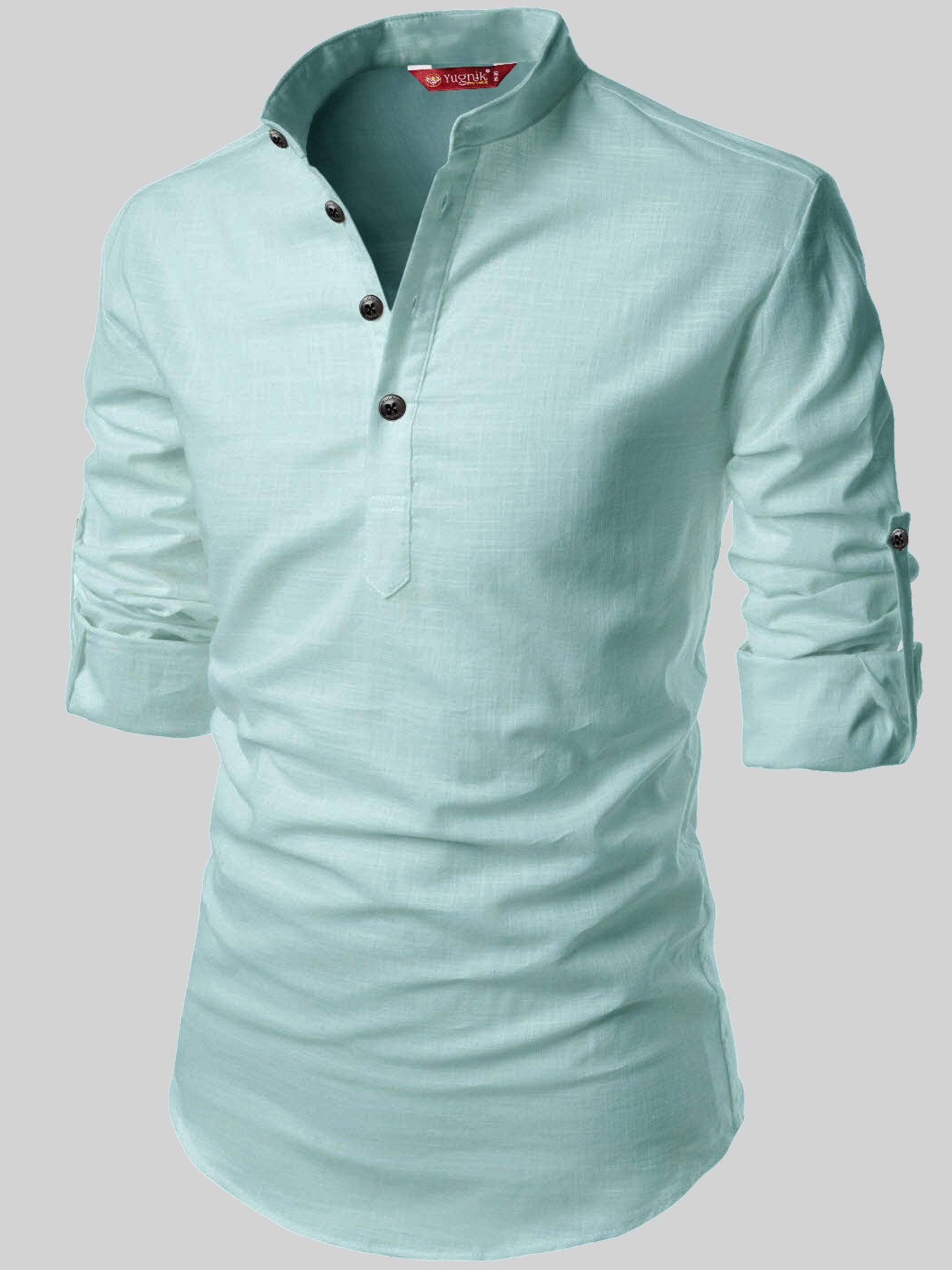 FireFish Men's Slim Fit Light Beige With Black Color Cotton Short Kurta Pack 2