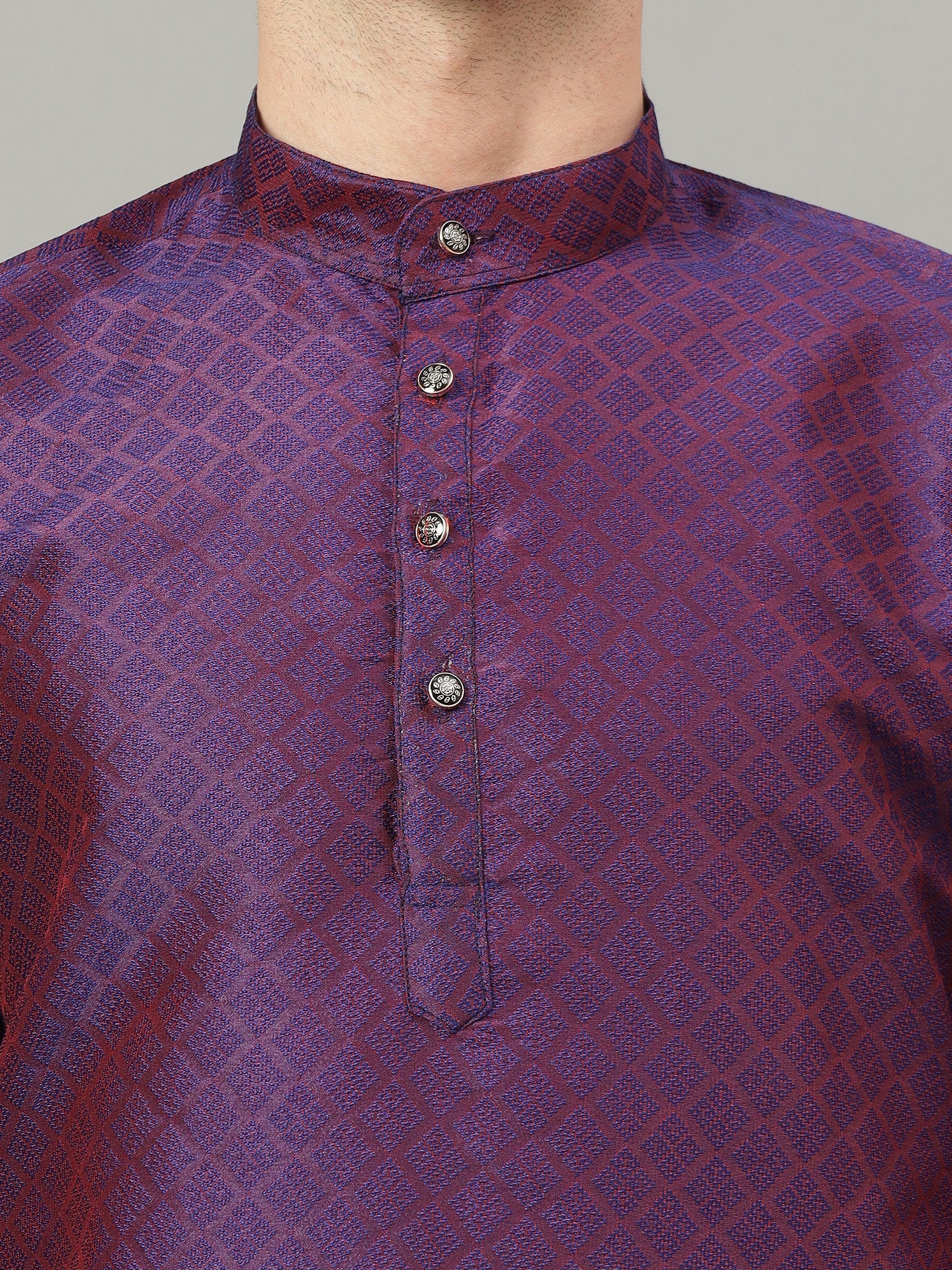 FireFish Brown Geometric Woven Design Straight Jacquard Kurta with Pyjamas Set