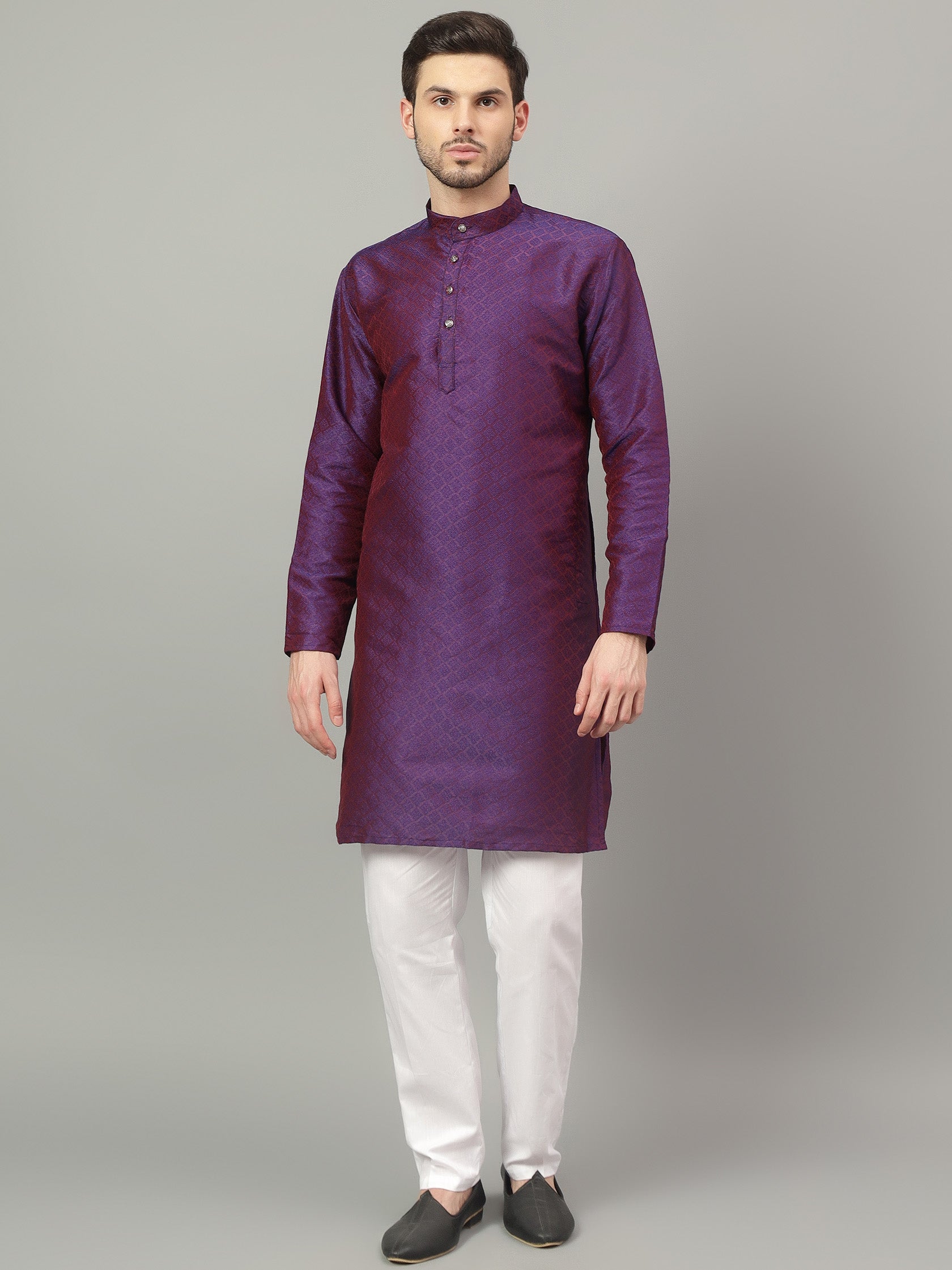 FireFish Brown Geometric Woven Design Straight Jacquard Kurta with Pyjamas Set