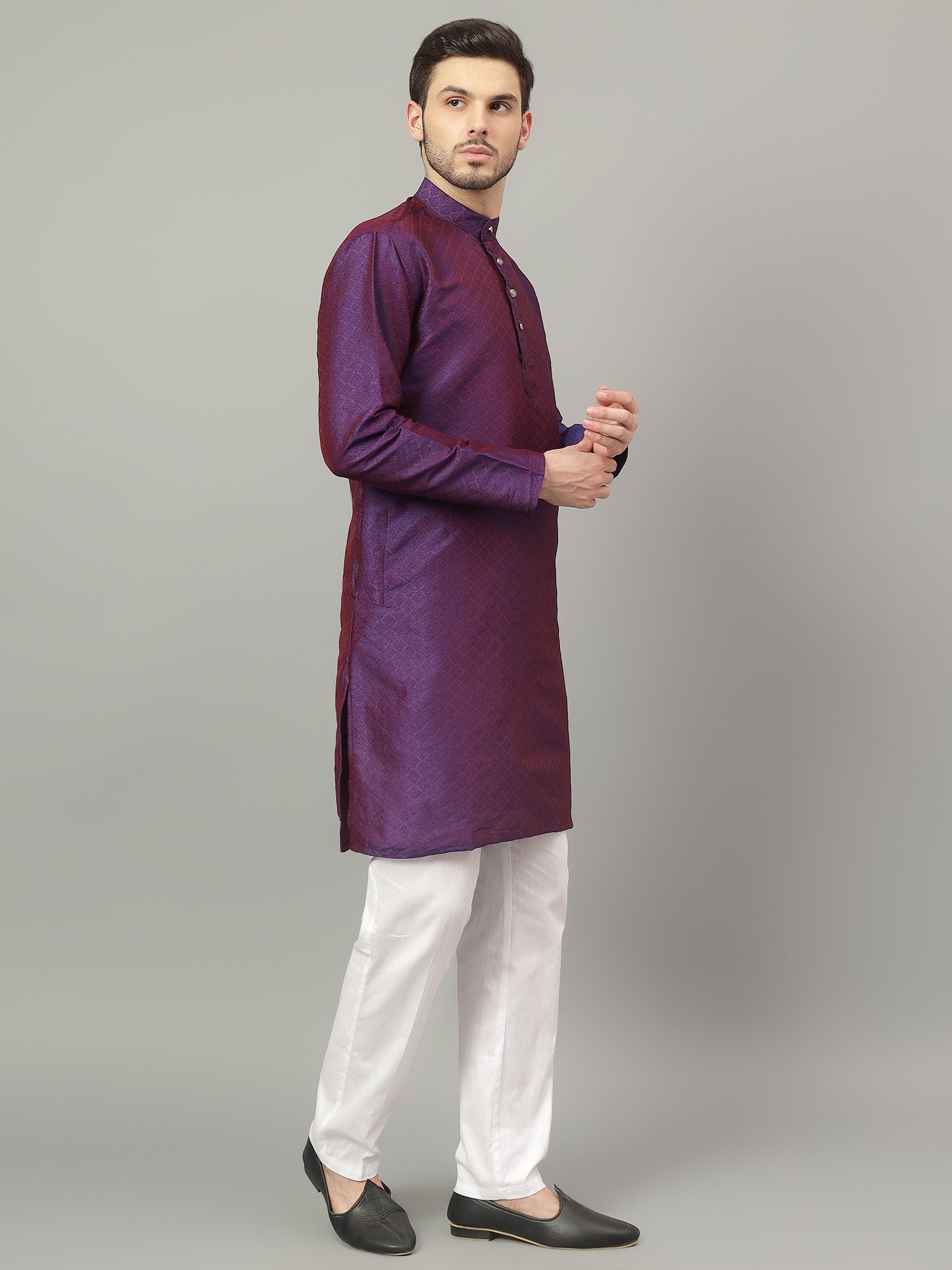 FireFish Brown Geometric Woven Design Straight Jacquard Kurta with Pyjamas Set