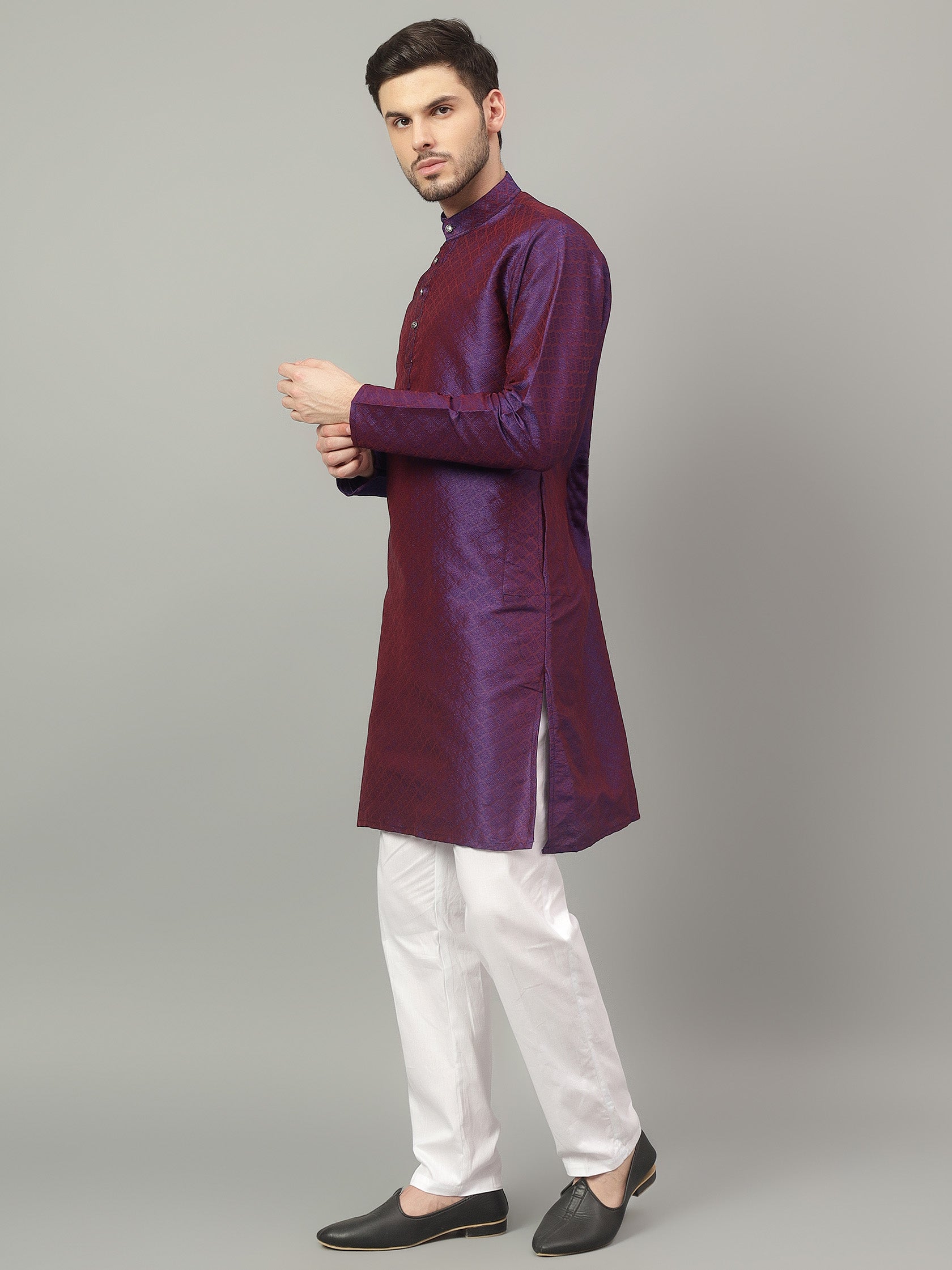 FireFish Brown Geometric Woven Design Straight Jacquard Kurta with Pyjamas Set