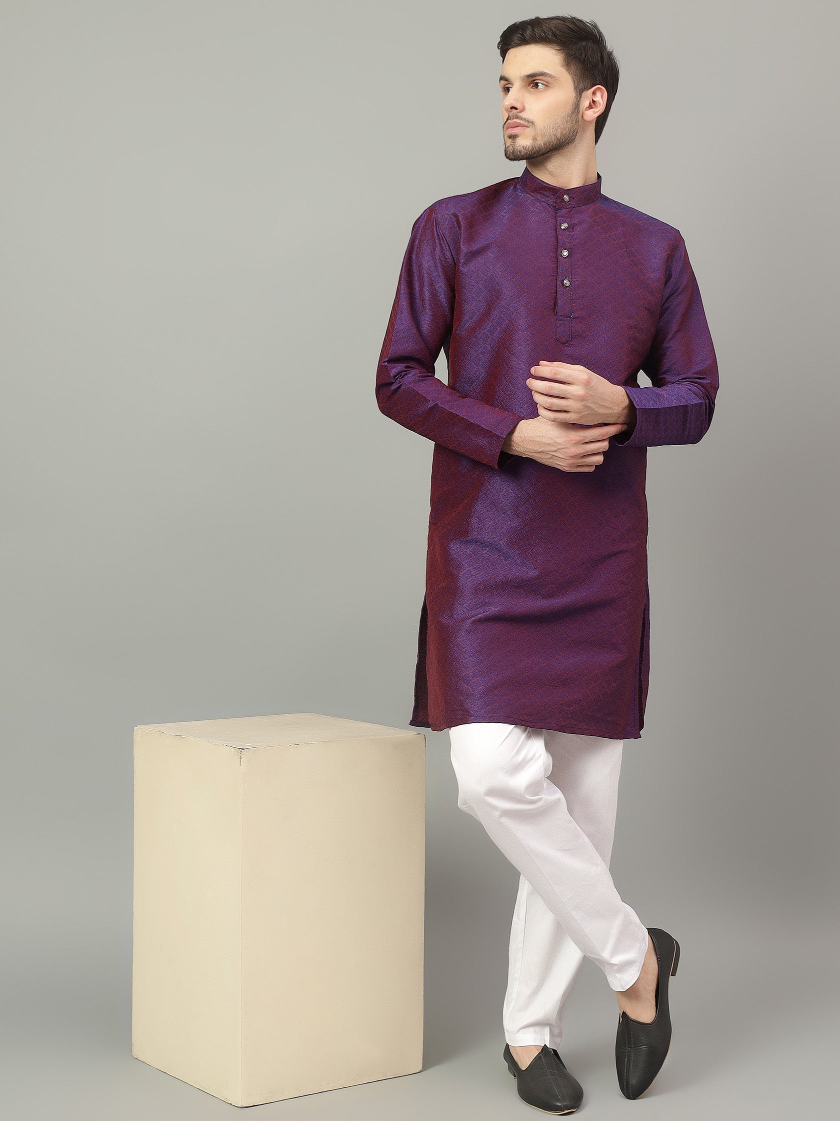 FireFish Brown Geometric Woven Design Straight Jacquard Kurta with Pyjamas Set