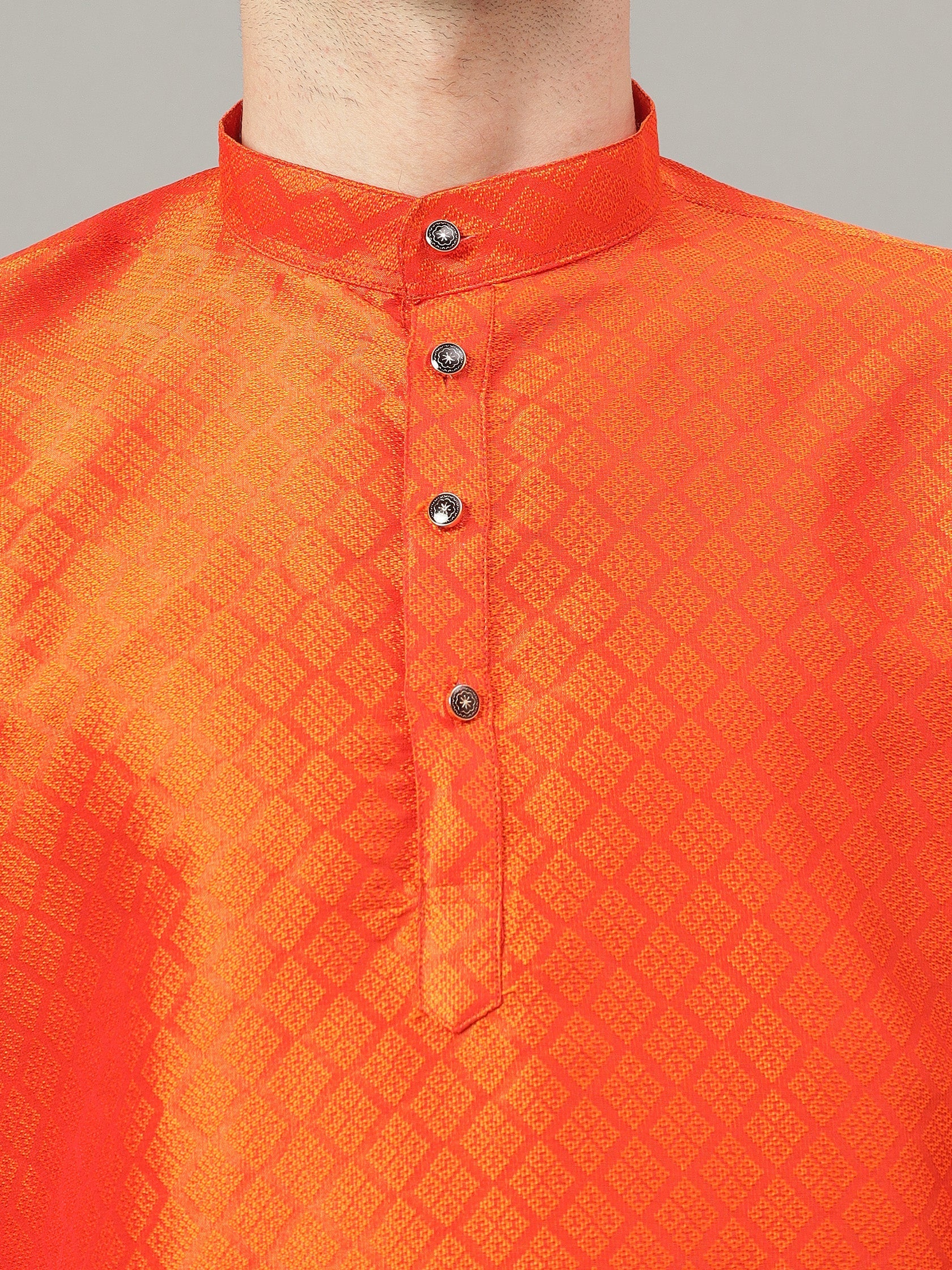 FireFish Brown Geometric Woven Design Straight Jacquard Kurta with Pyjamas Set