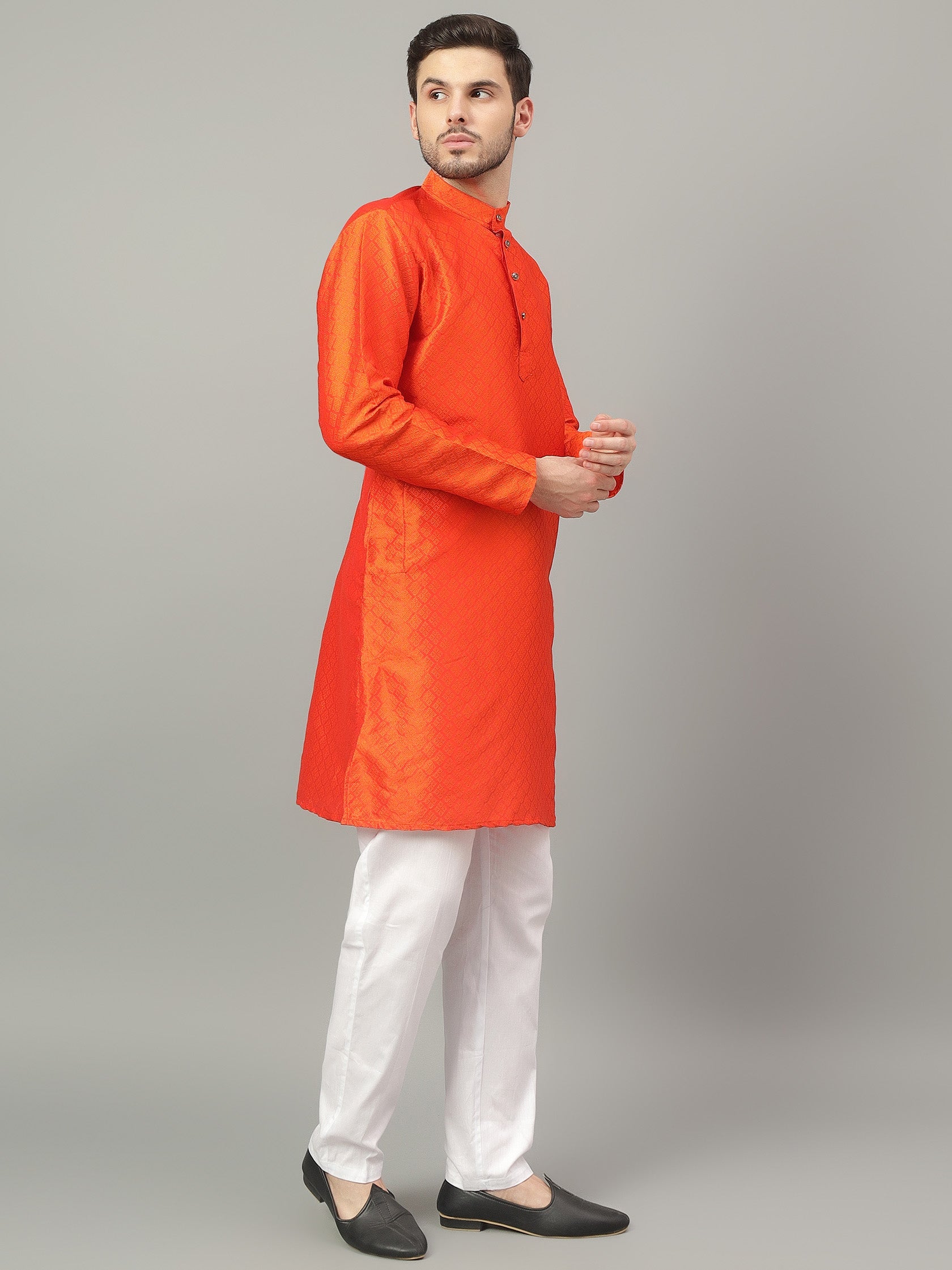 FireFish Brown Geometric Woven Design Straight Jacquard Kurta with Pyjamas Set