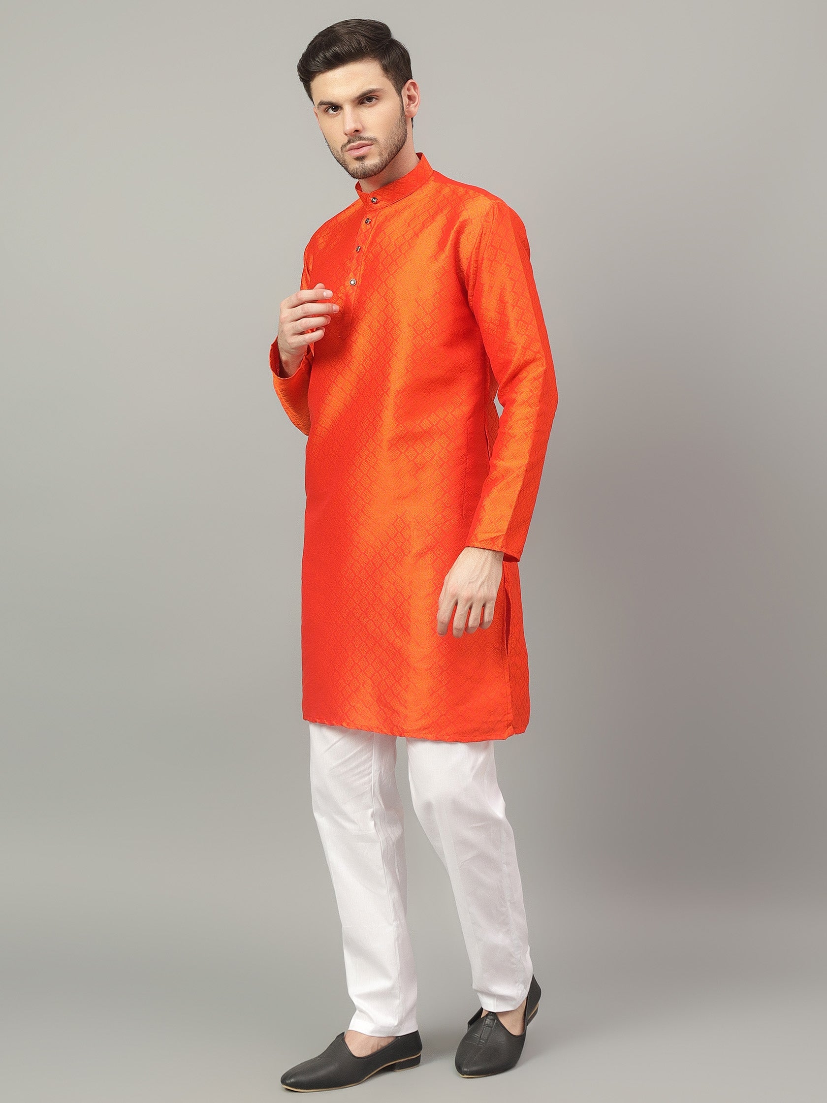 FireFish Brown Geometric Woven Design Straight Jacquard Kurta with Pyjamas Set