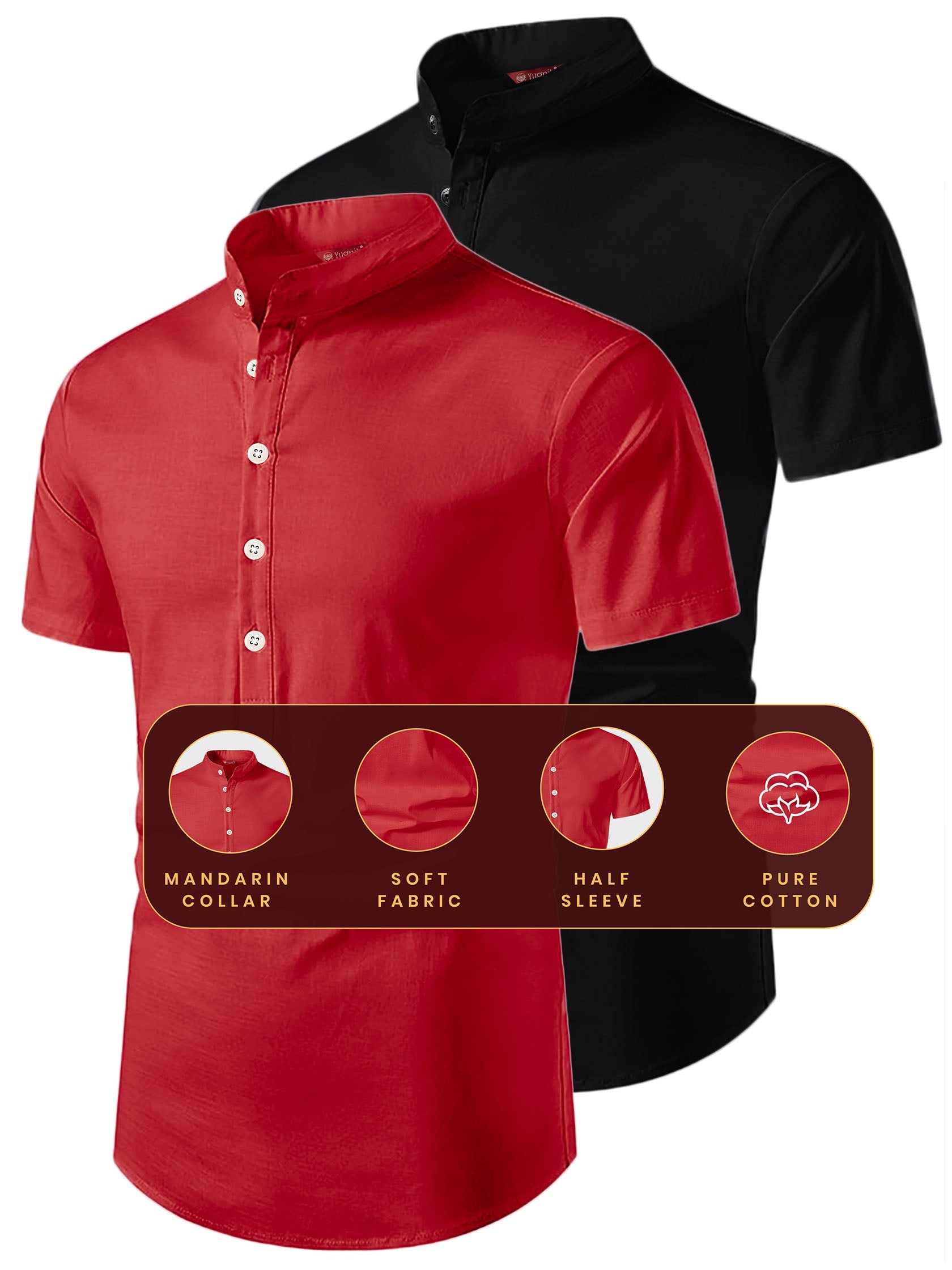 FireFish Men's Slim Fit Beige with Black Color Pure Cotton Half Sleeve Short Kurta Pack 2