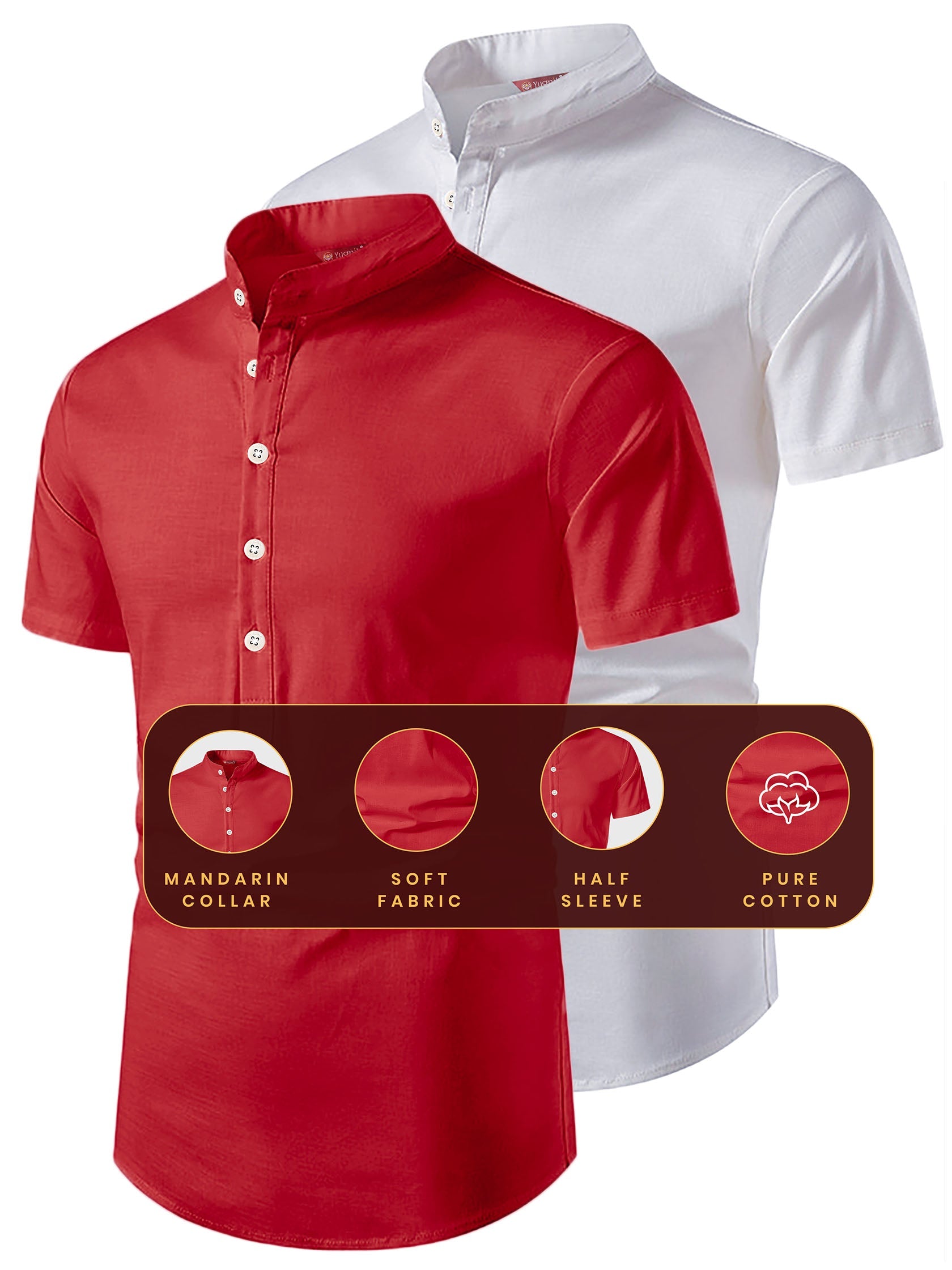 FireFish Men's Slim Fit Beige with White Color Pure Cotton Half Sleeve Short Kurta Pack 2
