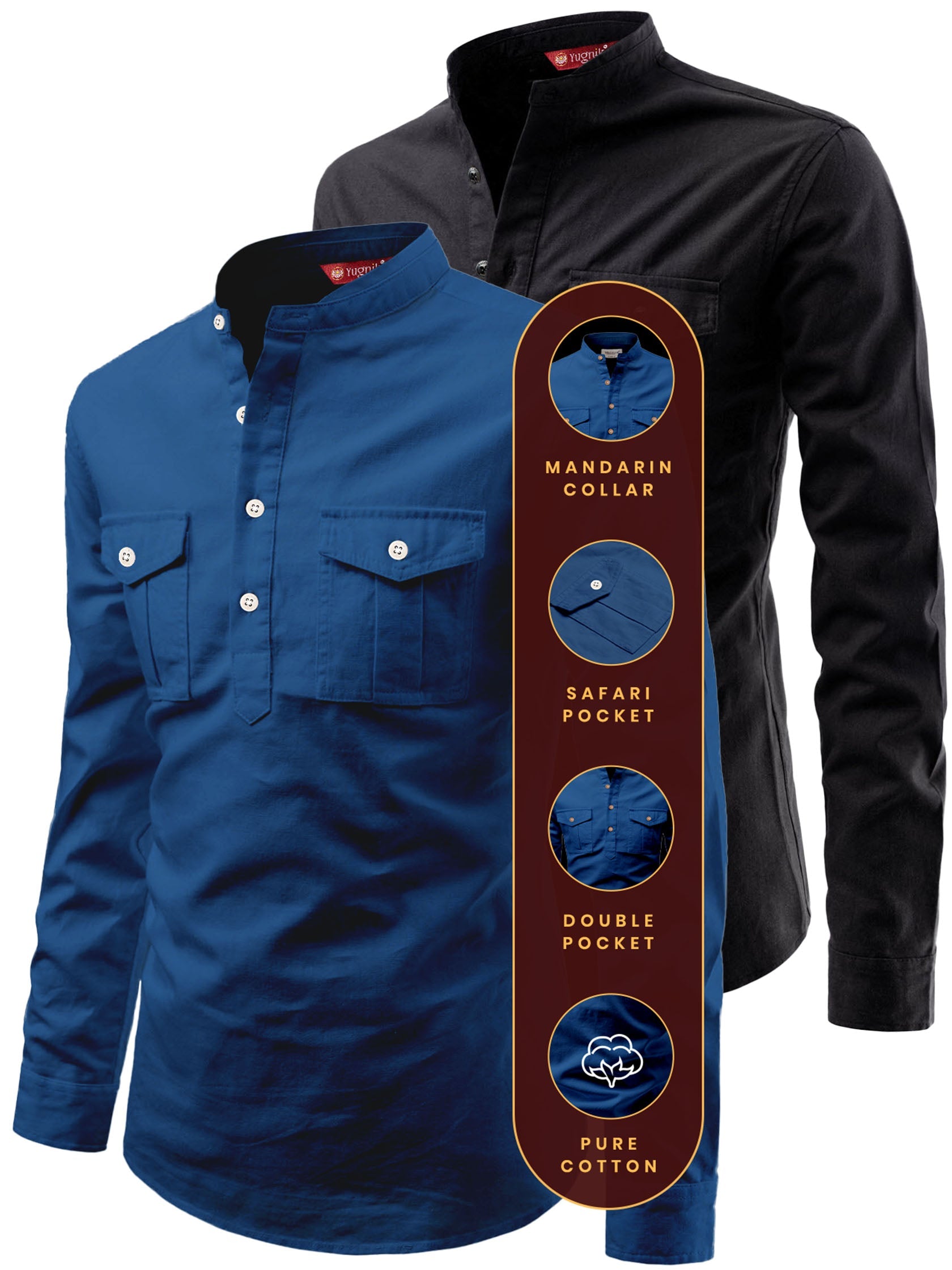 FireFish Men's Slim Fit Double Pocket Beige With Black Cotton Short Kurta Pack 2