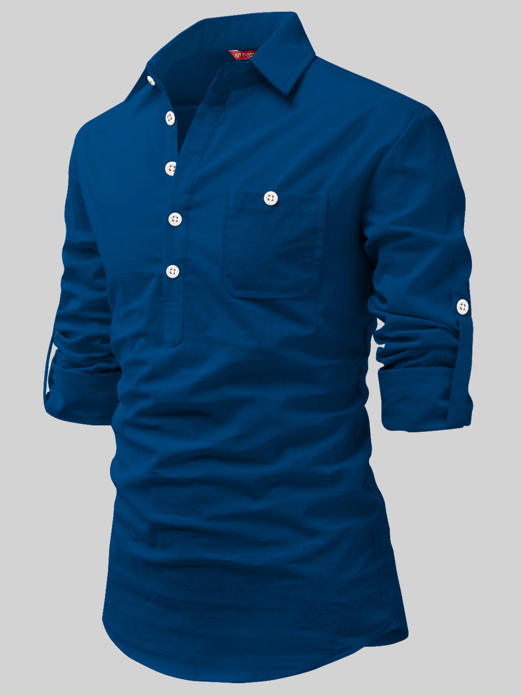 FireFish Men's Slim Fit Dark Teal With White Cotton Short Kurta Pack 2