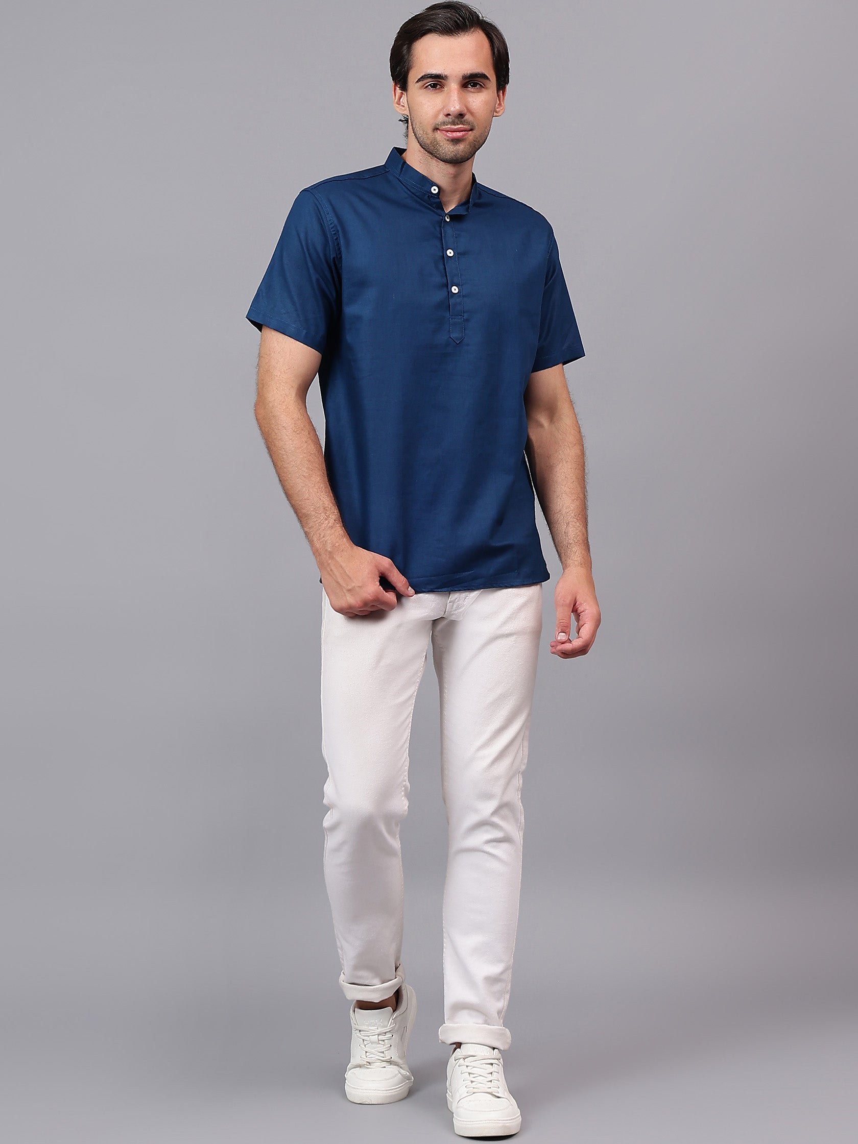 FireFish Men's Slim Fit Beige with White Color Pure Cotton Half Sleeve Short Kurta Pack 2