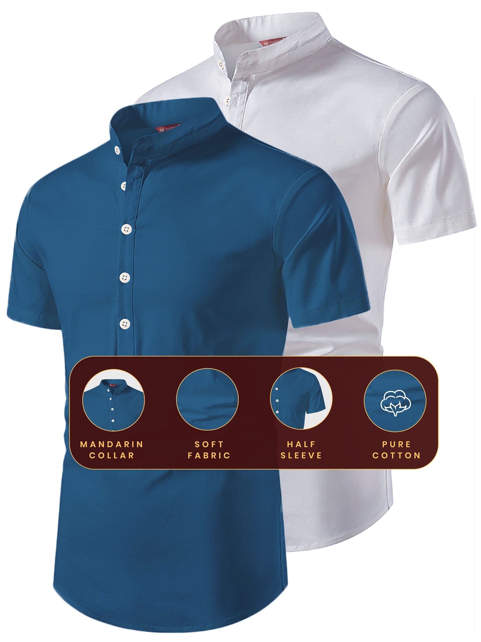 FireFish Men's Slim Fit Beige with White Color Pure Cotton Half Sleeve Short Kurta Pack 2
