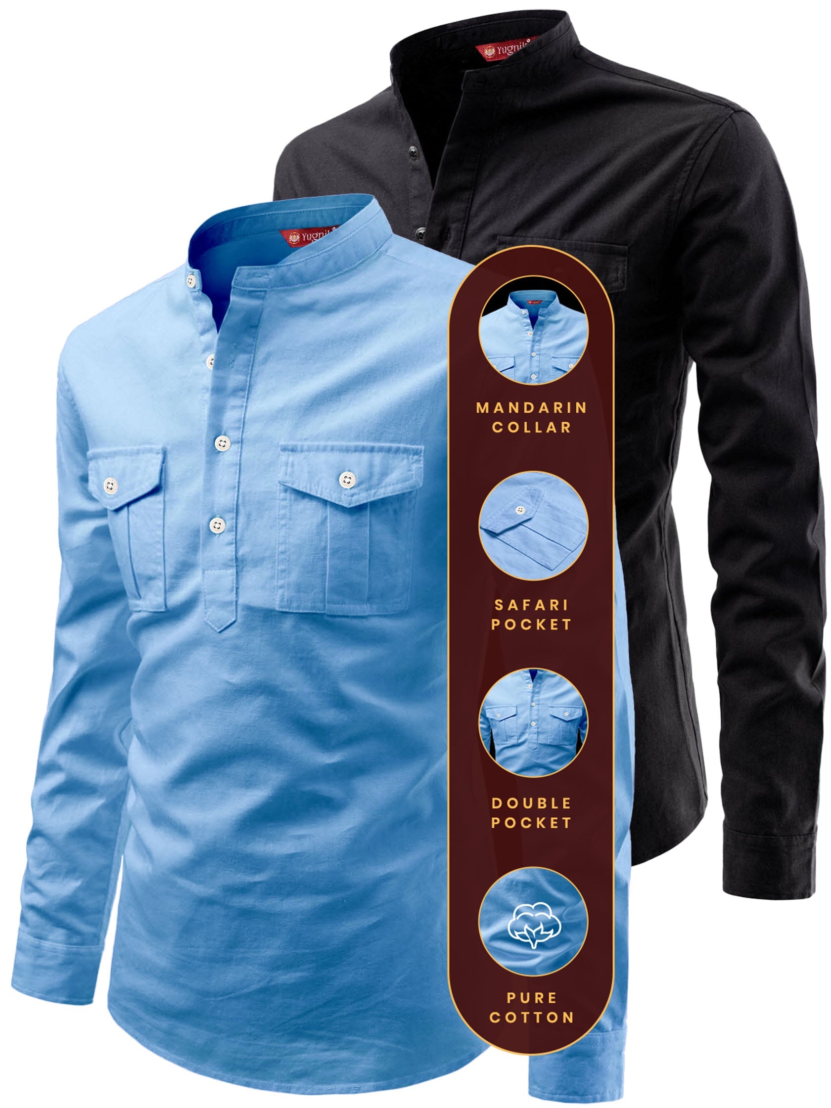 FireFish Men's Slim Fit Double Pocket Beige With Black Cotton Short Kurta Pack 2