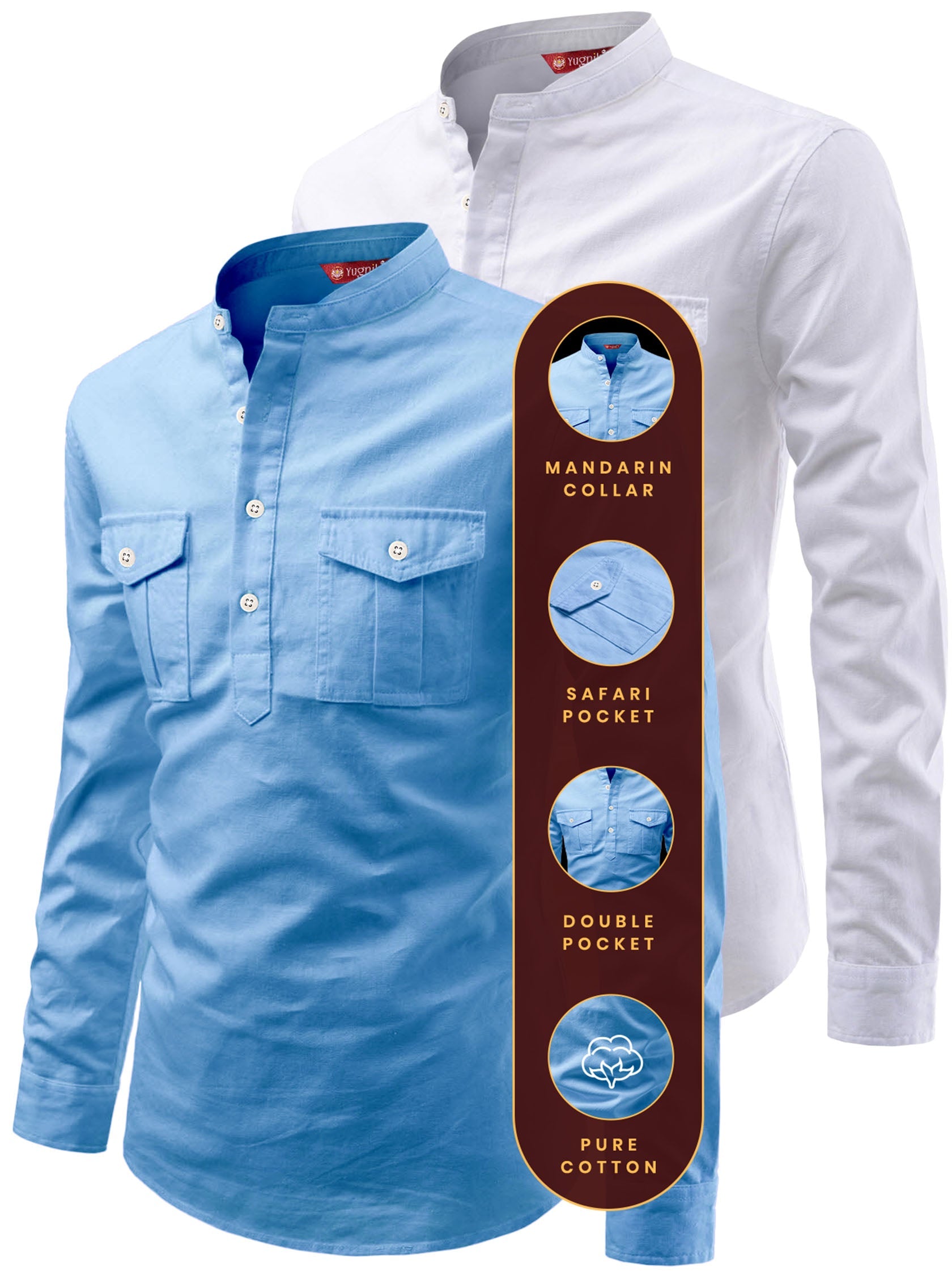 FireFish Men's Slim Fit Double Pocket Beige With White Cotton Short Kurta Pack 2