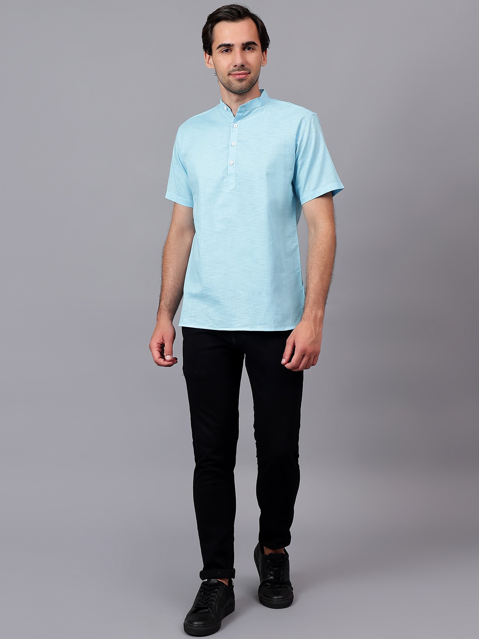 FireFish Men's Slim Fit Half Sleeve Beige Color Pure Cotton Short Kurta