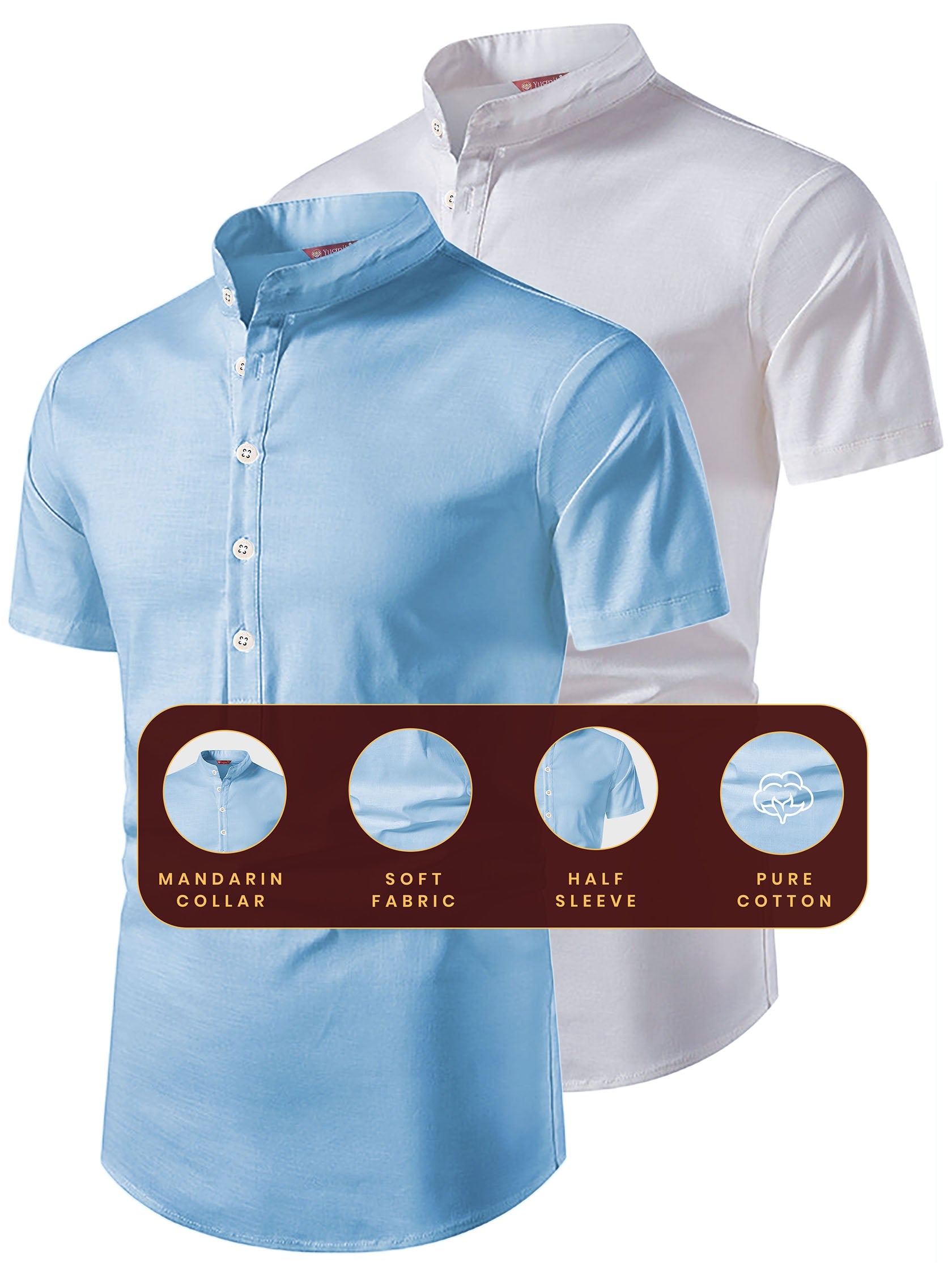 FireFish Men's Slim Fit Beige with White Color Pure Cotton Half Sleeve Short Kurta Pack 2