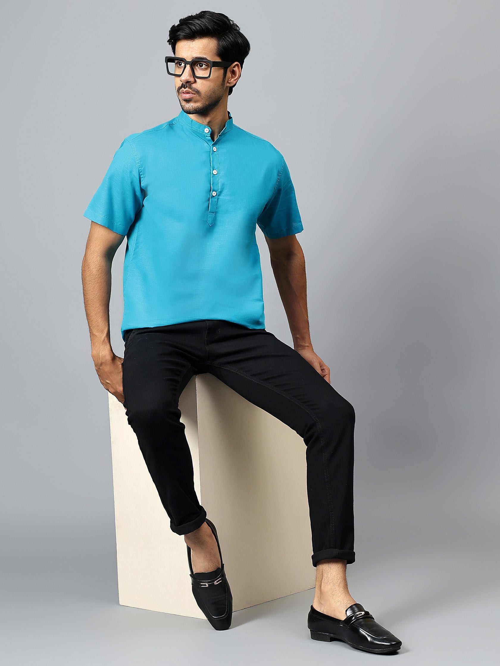 FireFish Men's Slim Fit Half Sleeve Beige Color Pure Cotton Short Kurta