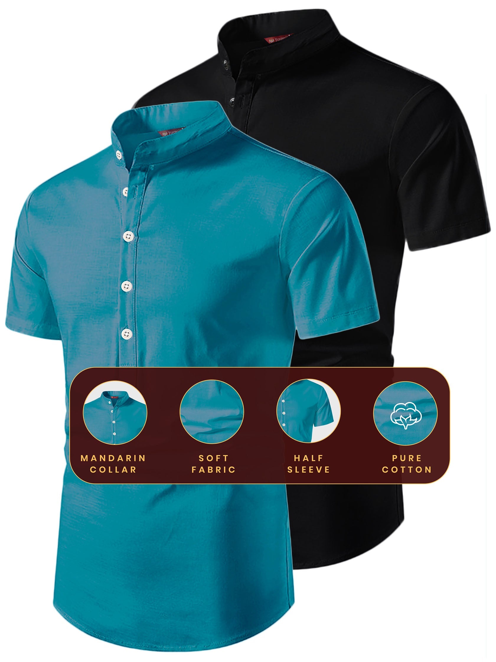 FireFish Men's Slim Fit Beige with Black Color Pure Cotton Half Sleeve Short Kurta Pack 2