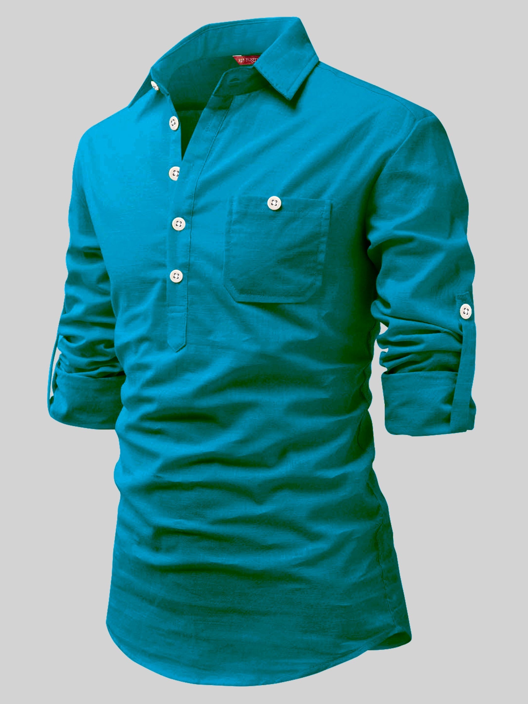 FireFish Men's Slim Fit Dark Teal With White Cotton Short Kurta Pack 2