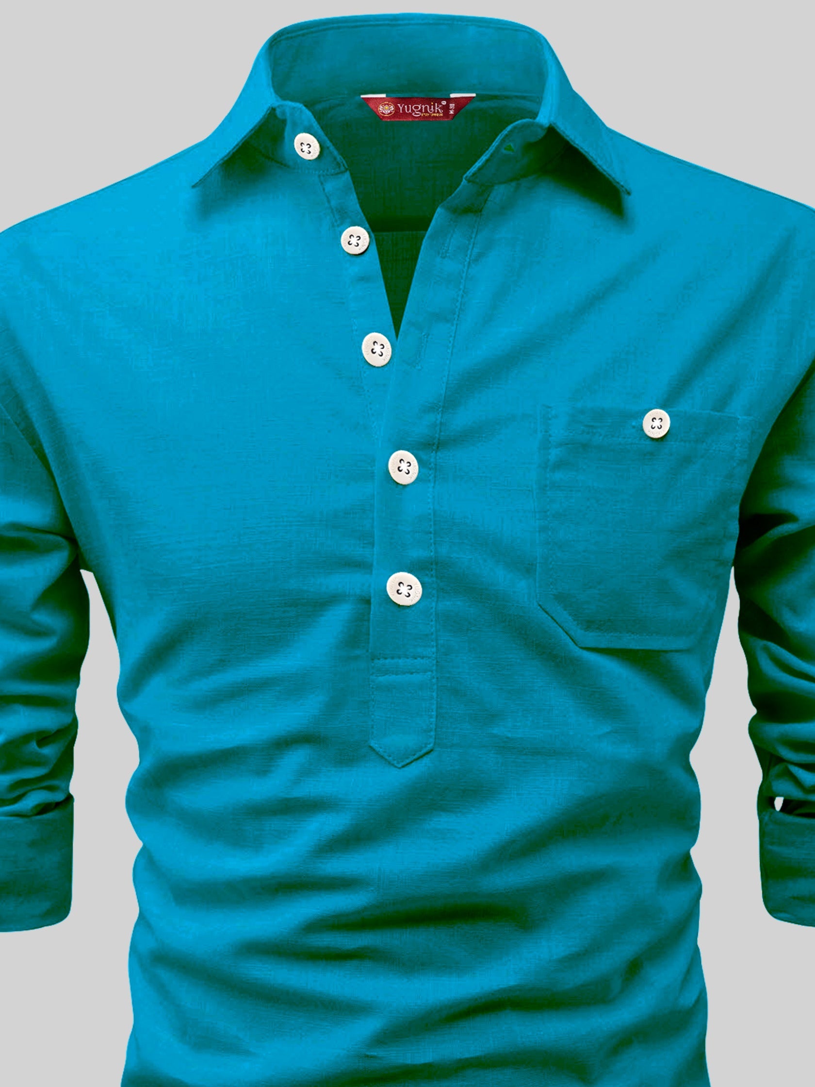 FireFish Men's Slim Fit Dark Teal With White Cotton Short Kurta Pack 2