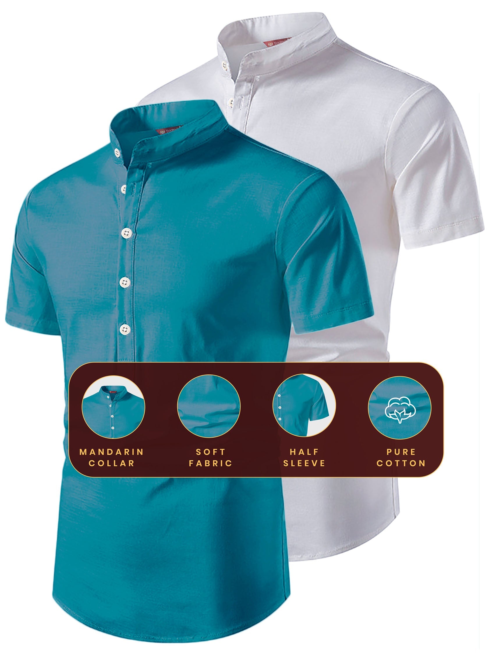 FireFish Men's Slim Fit Beige with White Color Pure Cotton Half Sleeve Short Kurta Pack 2